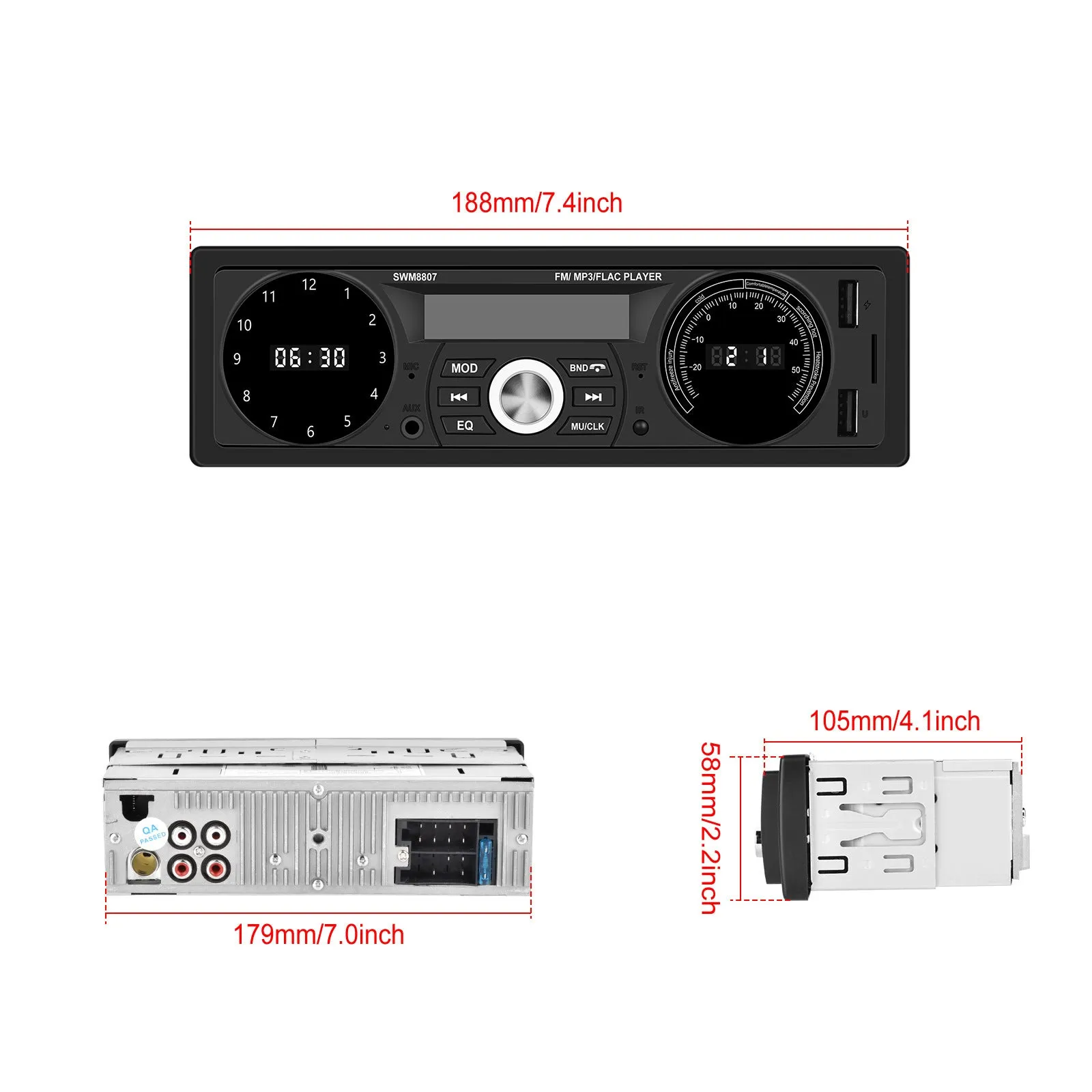 1 Din Car Mp3 Player 7388 Power Amplifier Radio with Temperature
