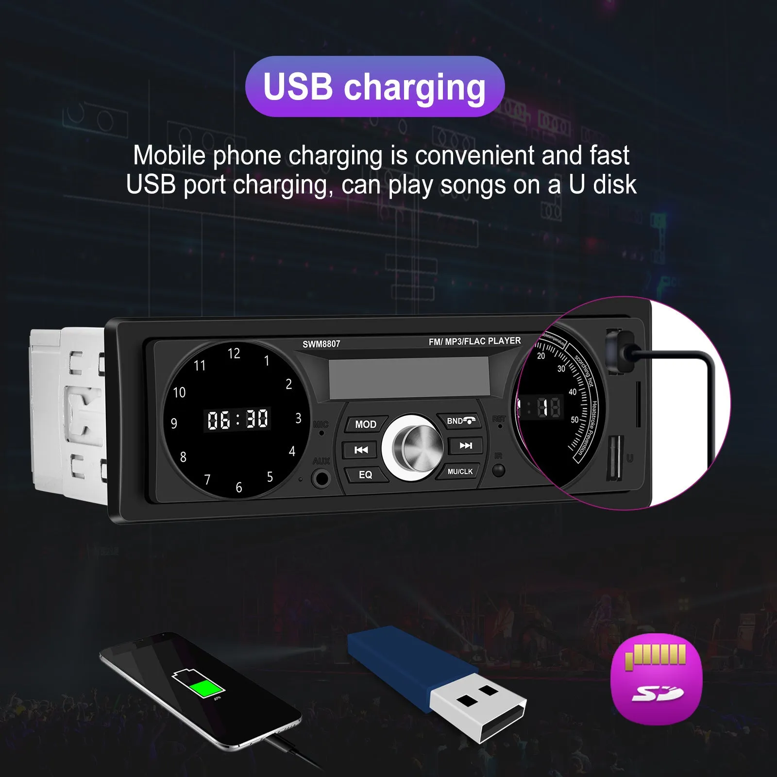 1 Din Car Mp3 Player 7388 Power Amplifier Radio with Temperature