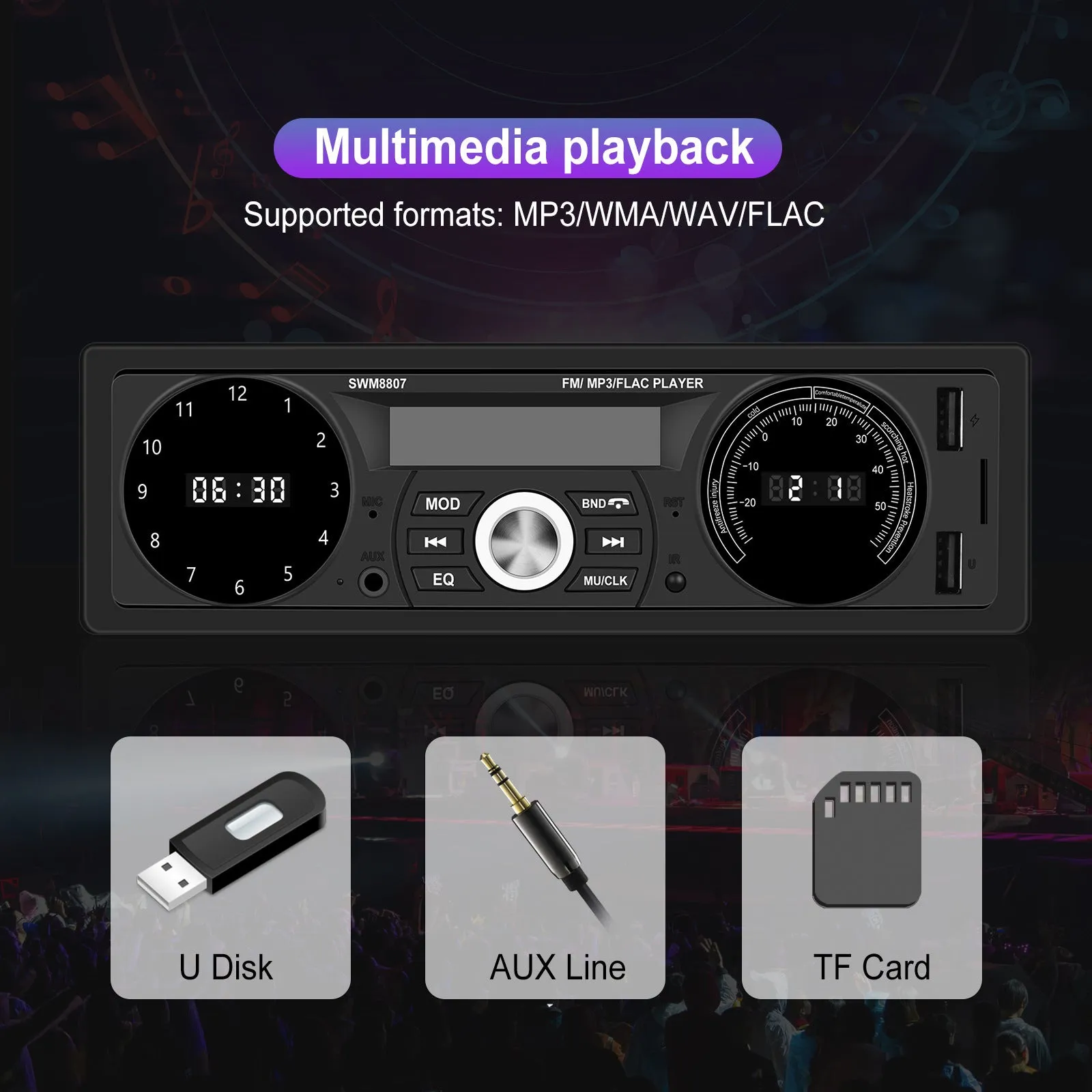 1 Din Car Mp3 Player 7388 Power Amplifier Radio with Temperature