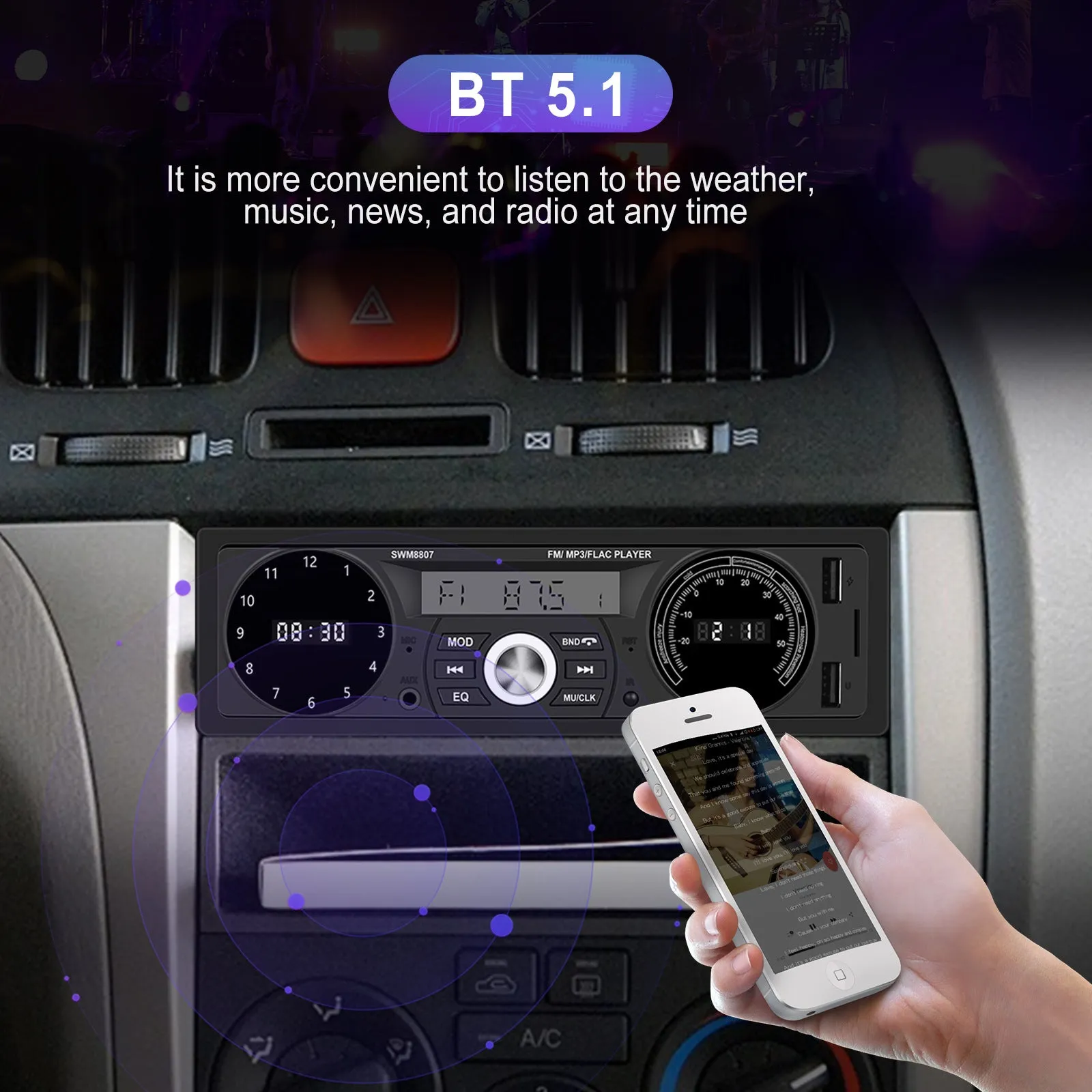 1 Din Car Mp3 Player 7388 Power Amplifier Radio with Temperature