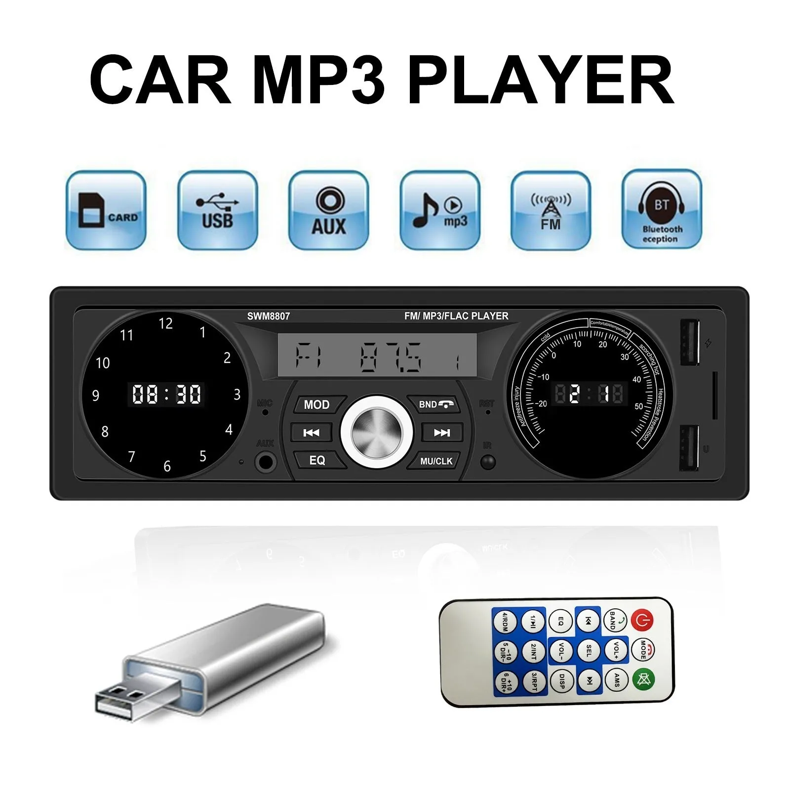 1 Din Car Mp3 Player 7388 Power Amplifier Radio with Temperature