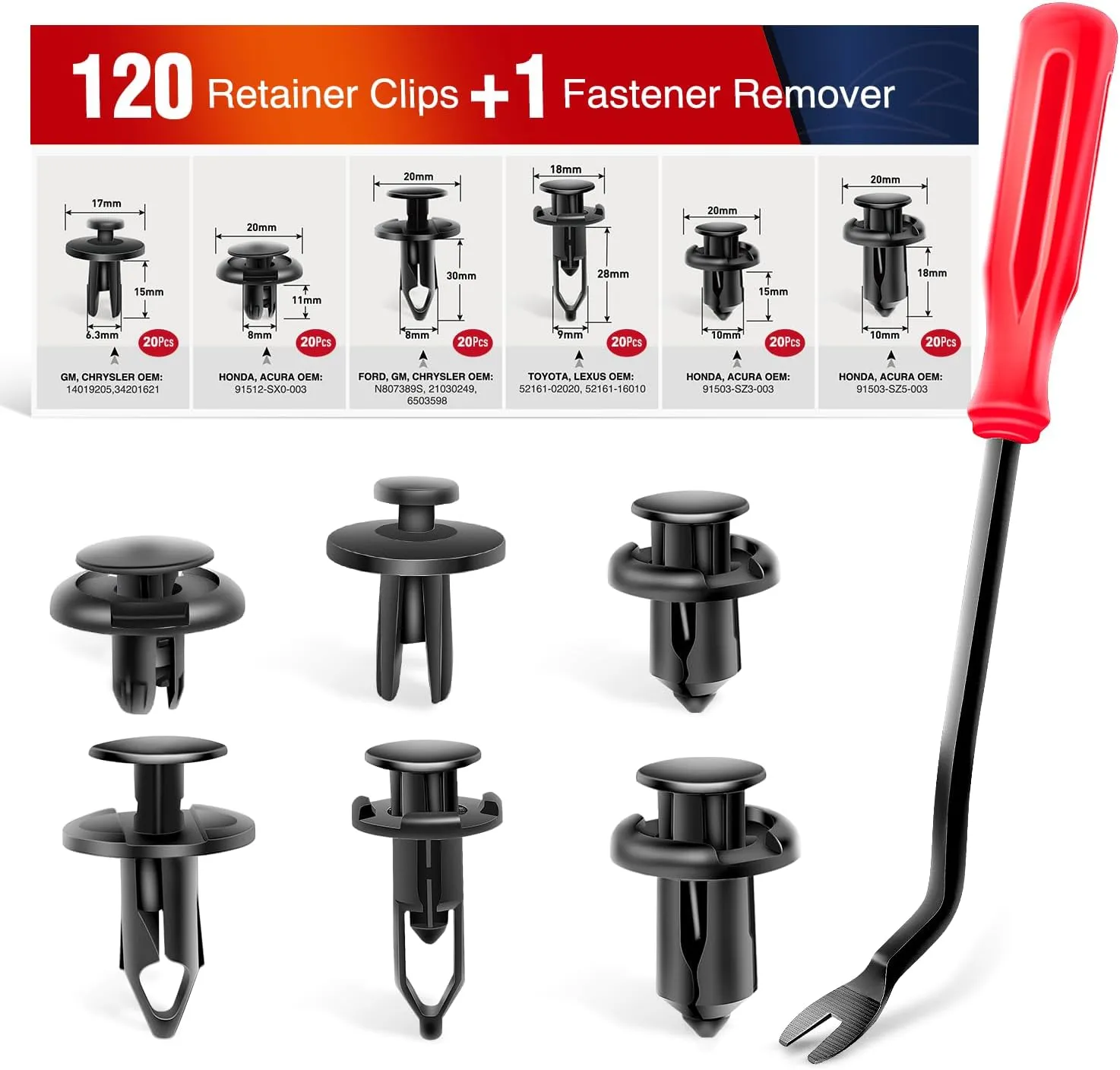 120 Pcs Car Retainer 6.3mm 8mm 9mm 10mm Expansion Screws Replacement Kit Bumper Push Rivet Clips for Honda Acura GM Chrysler Ford Toyota Lexus