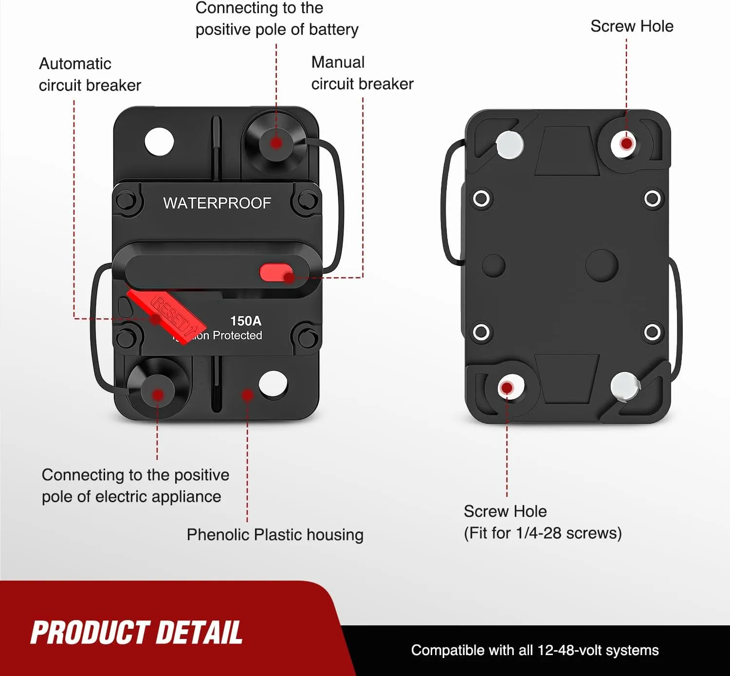 150A Circuit Breaker Resettable 12-48V DC Manual Reset w/Copper Wire Lugs Surface Mount Overload Protection