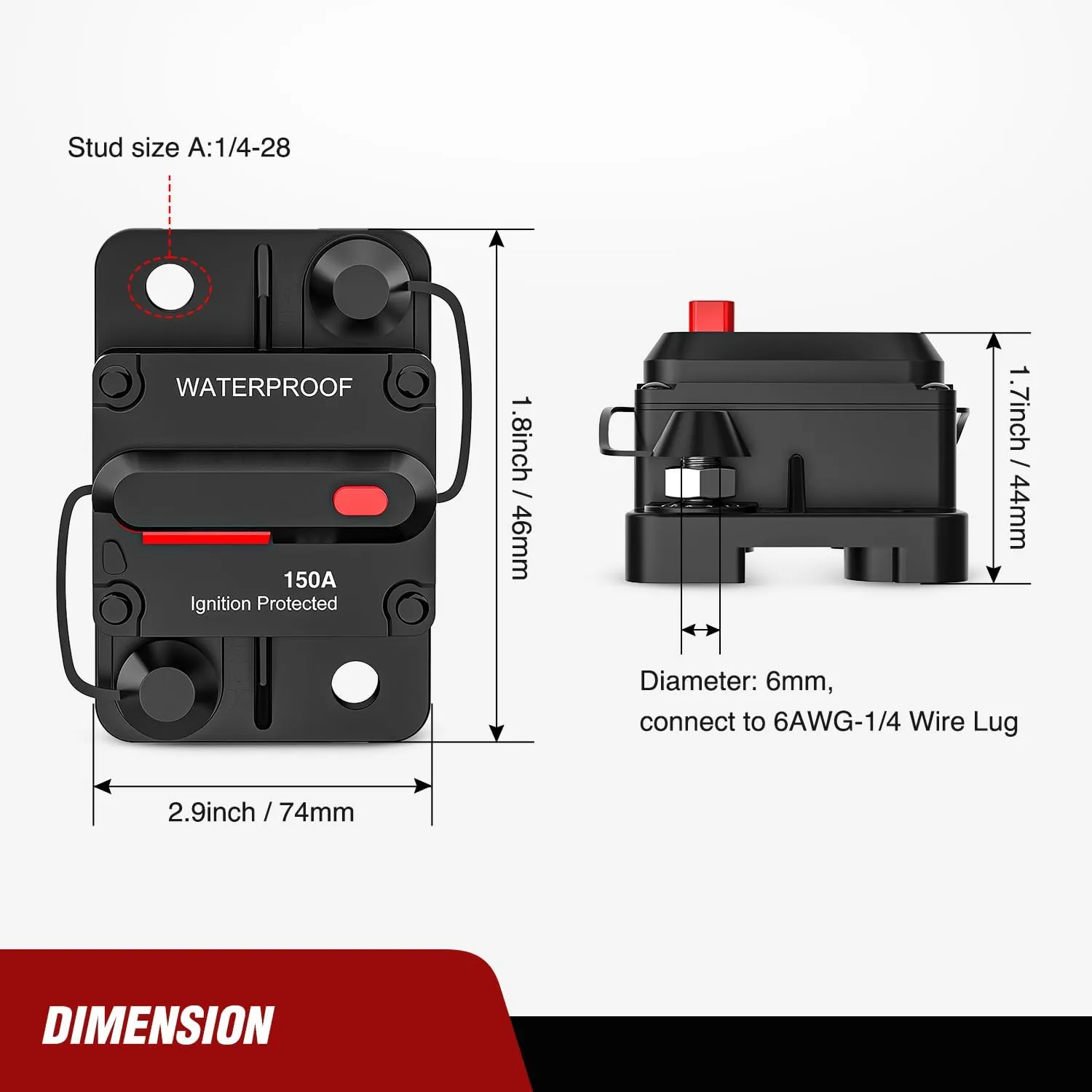 150A Circuit Breaker Resettable 12-48V DC Manual Reset w/Copper Wire Lugs Surface Mount Overload Protection