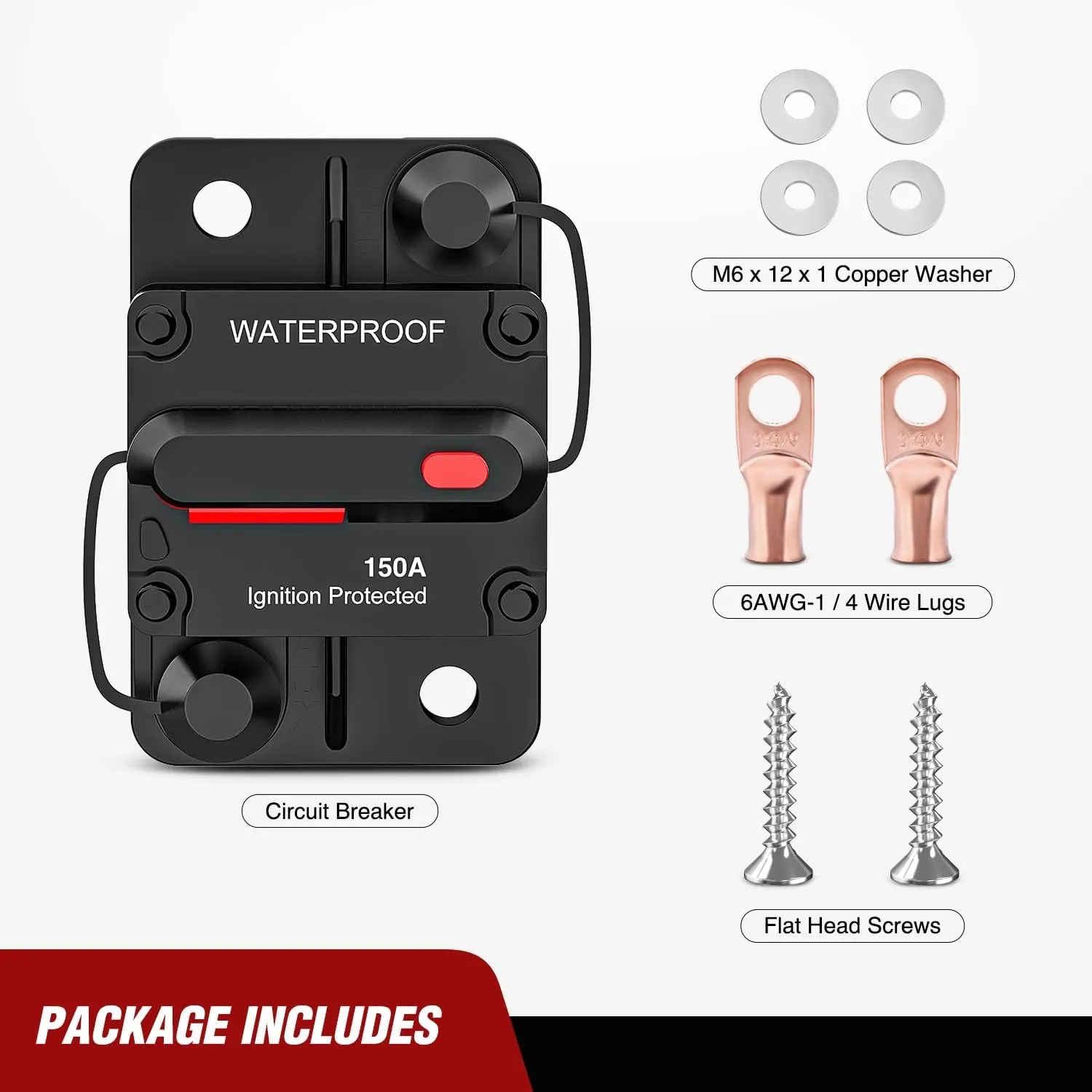150A Circuit Breaker Resettable 12-48V DC Manual Reset w/Copper Wire Lugs Surface Mount Overload Protection