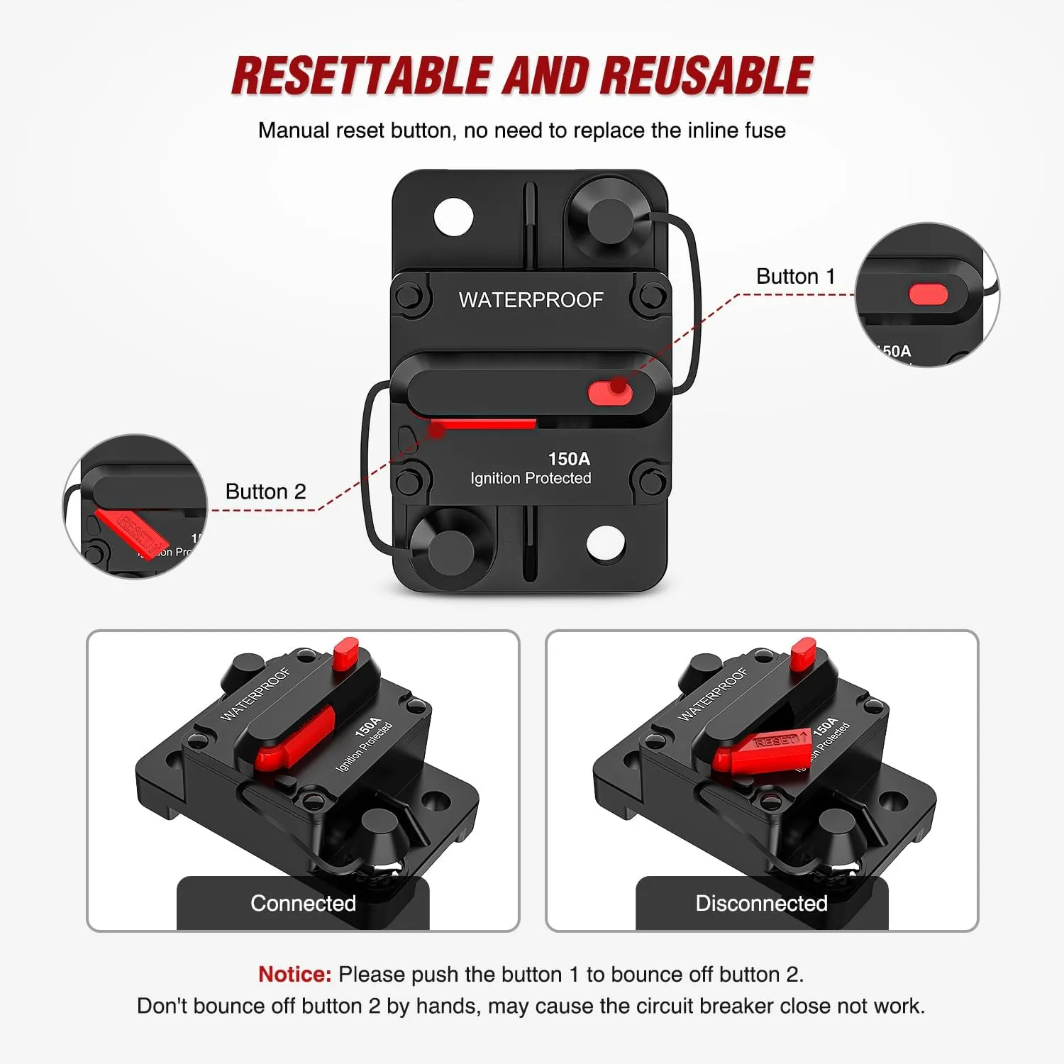 150A Circuit Breaker Resettable 12-48V DC Manual Reset w/Copper Wire Lugs Surface Mount Overload Protection