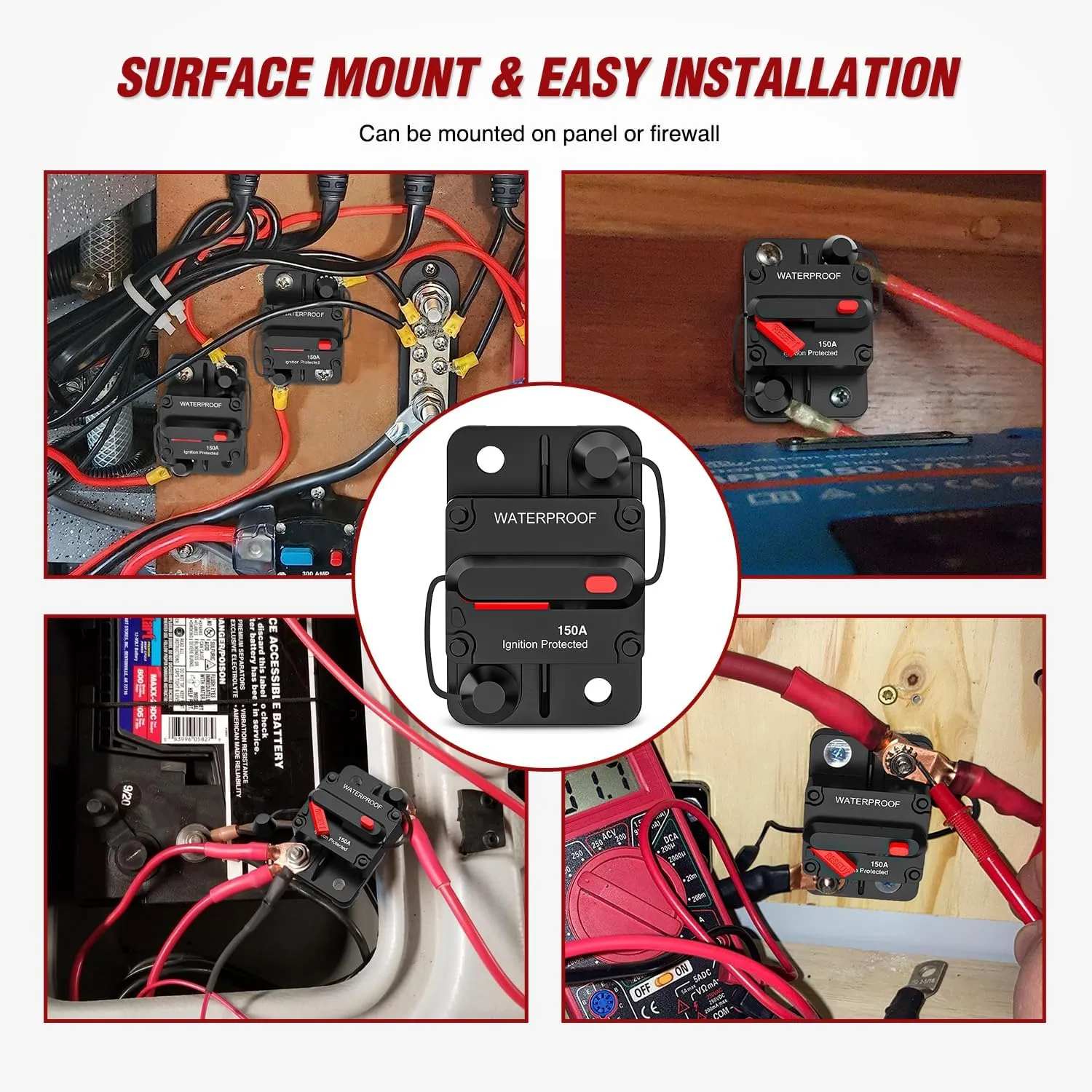 150A Circuit Breaker Resettable 12-48V DC Manual Reset w/Copper Wire Lugs Surface Mount Overload Protection