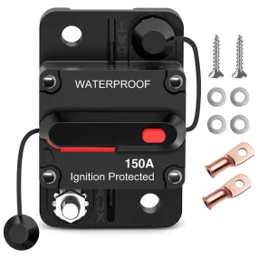 150A Circuit Breaker Resettable 12-48V DC Manual Reset w/Copper Wire Lugs Surface Mount Overload Protection 150A Circuit Breaker Resettable 12-48V DC Manual Reset w/Copper Wire Lugs Surface Mount Overload Protection