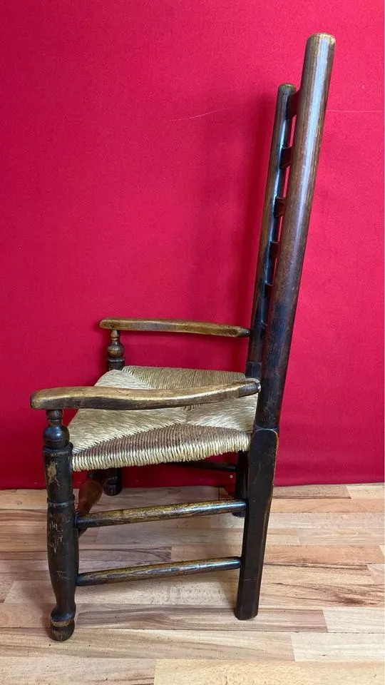 Antique Georgian Period Elm Ladderback Fireside Armchair with Rush Seat, c.1800.
