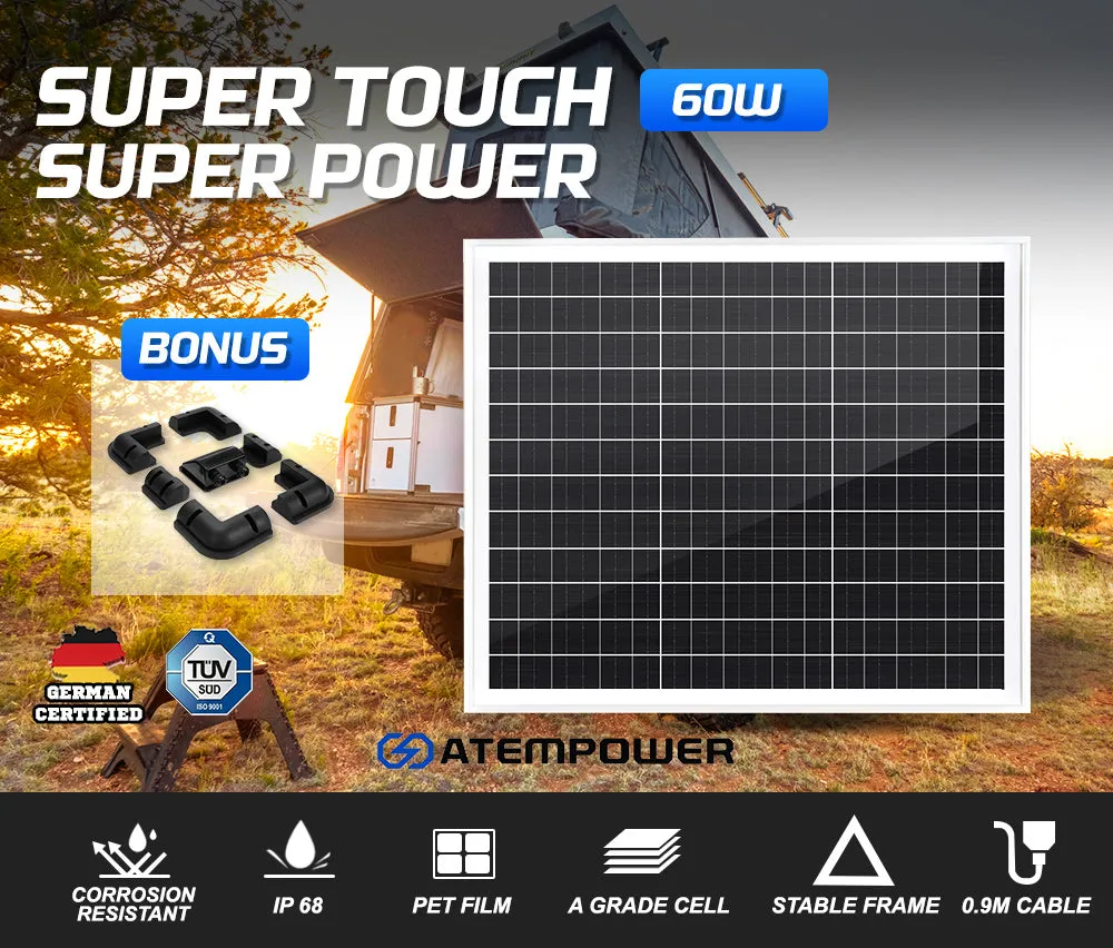 Atem Power 60W Solar Panel 12V Mono Generator Fixed    Solar Mounting Brackets