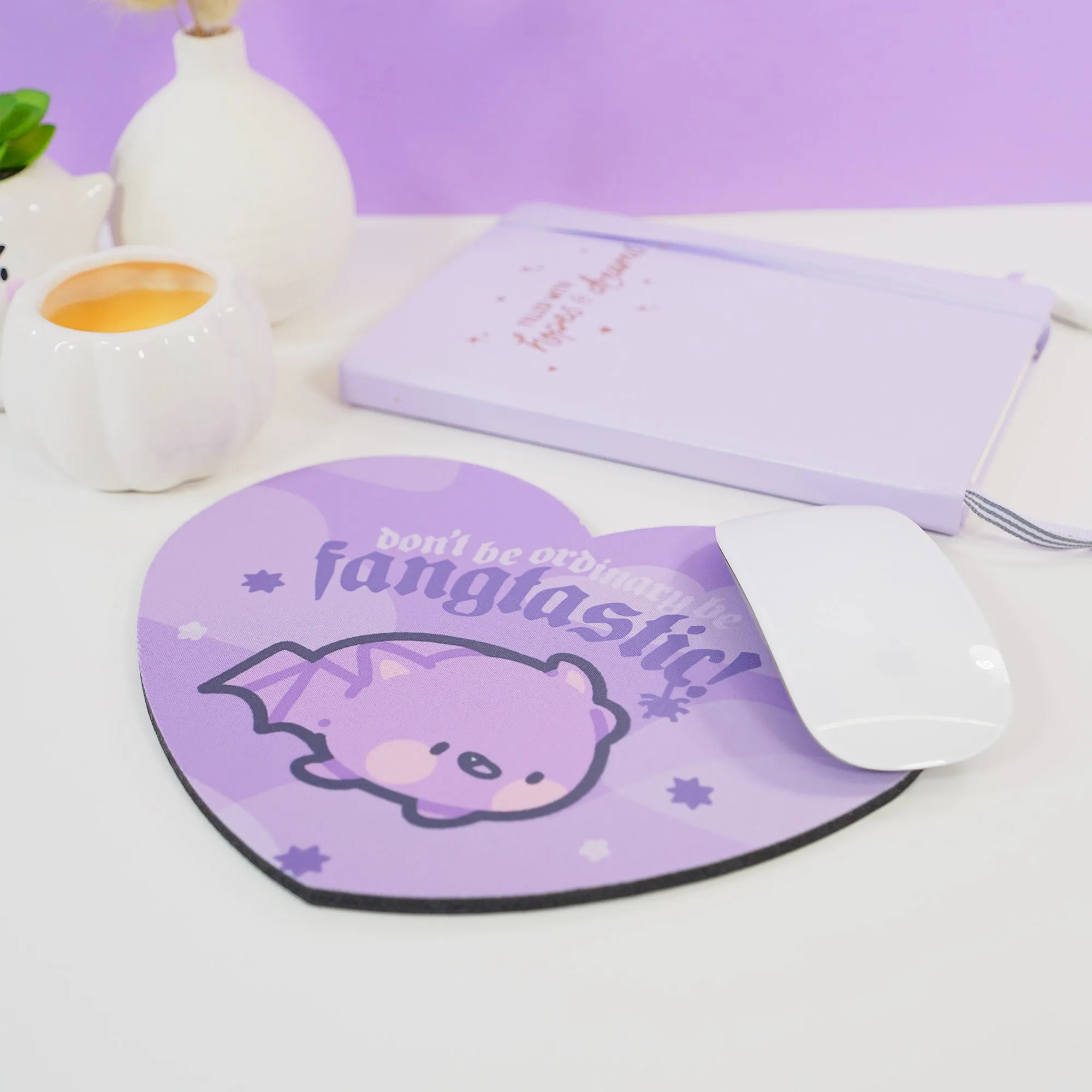 Bartholomew the Bat Halloween Mouse Pad | Don’t Be Ordinary, Be Fangtastic Quote | Spooky Cute Gothic Purple Desk Decor