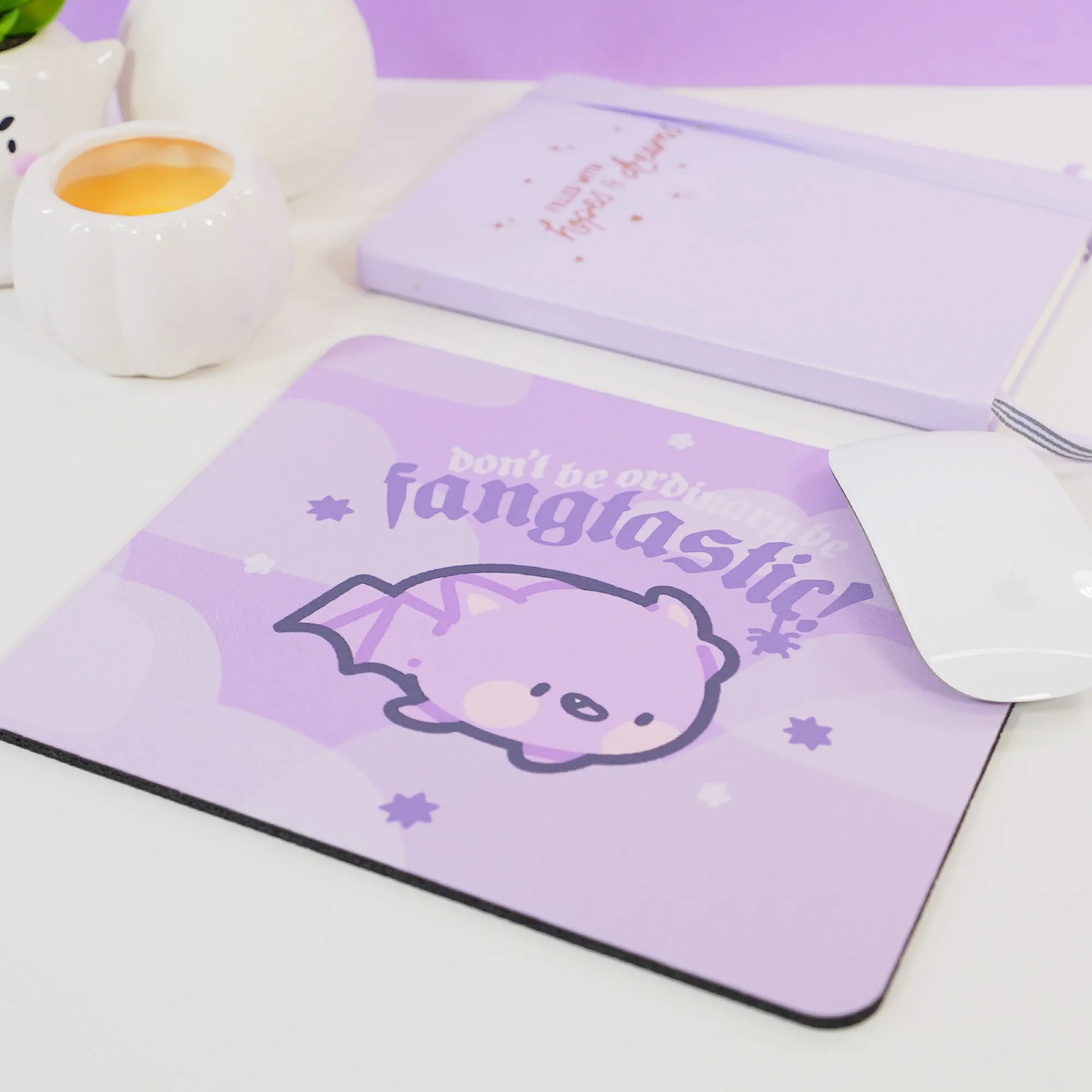 Bartholomew the Bat Halloween Mouse Pad | Don’t Be Ordinary, Be Fangtastic Quote | Spooky Cute Gothic Purple Desk Decor