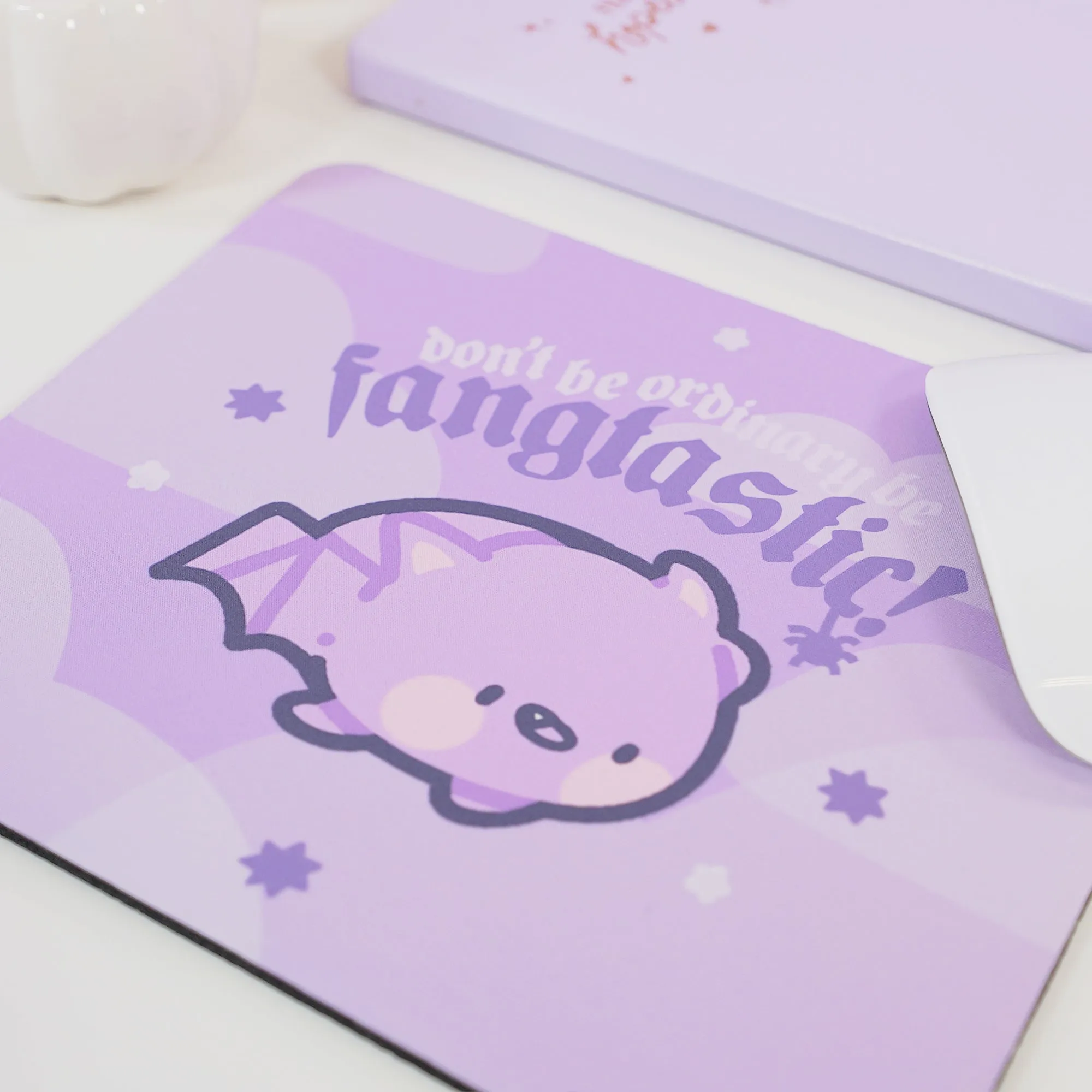 Bartholomew the Bat Halloween Mouse Pad | Don’t Be Ordinary, Be Fangtastic Quote | Spooky Cute Gothic Purple Desk Decor