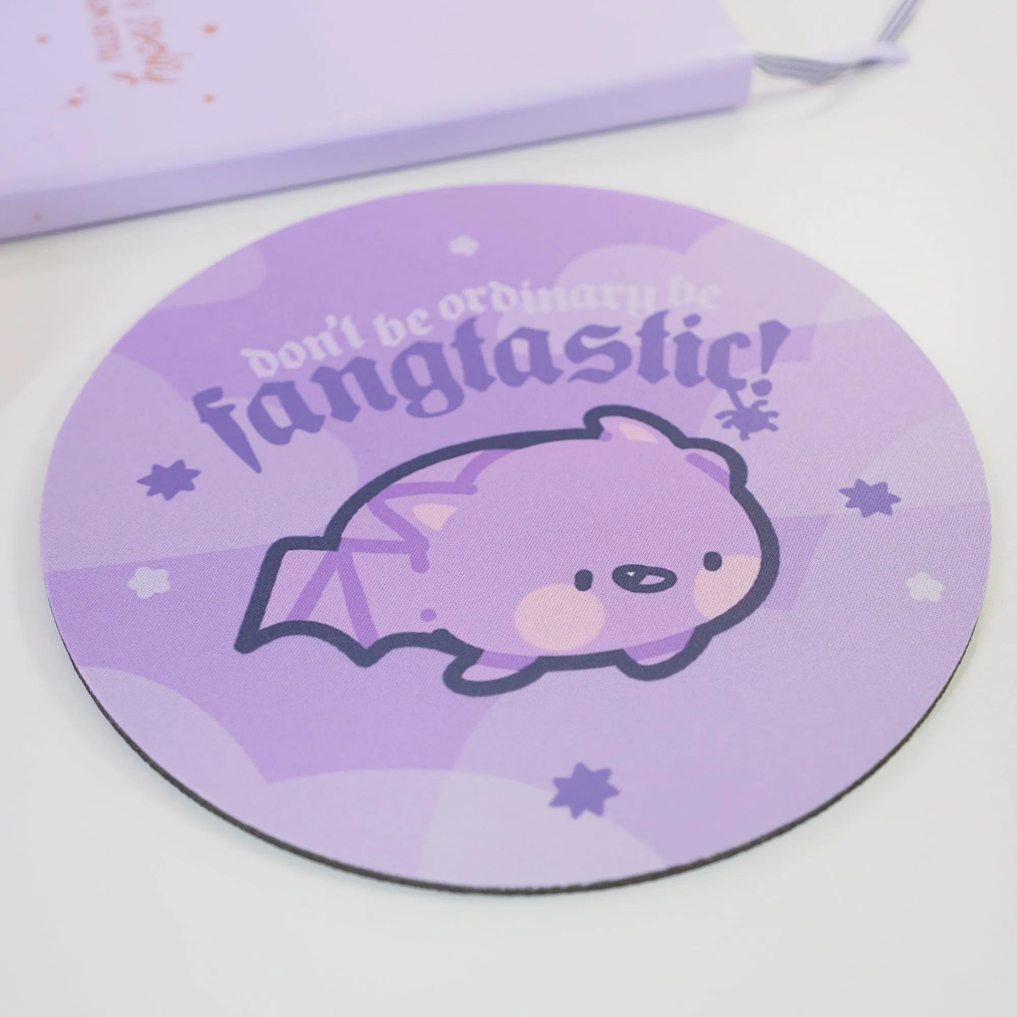 Bartholomew the Bat Halloween Mouse Pad | Don’t Be Ordinary, Be Fangtastic Quote | Spooky Cute Gothic Purple Desk Decor