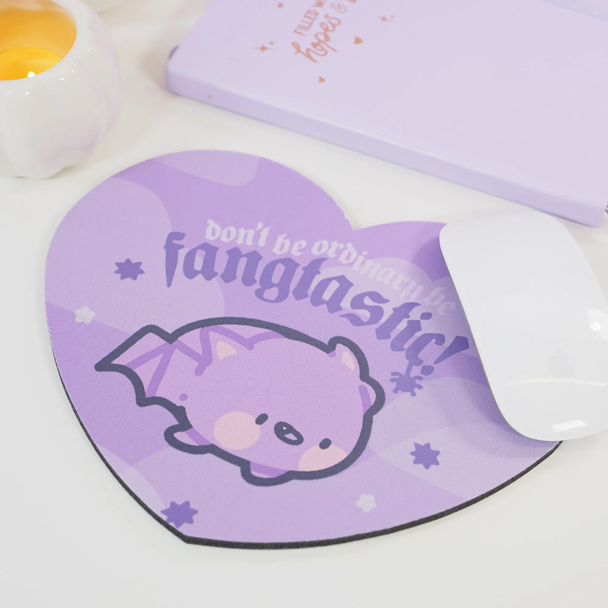 Bartholomew the Bat Halloween Mouse Pad | Don’t Be Ordinary, Be Fangtastic Quote | Spooky Cute Gothic Purple Desk Decor