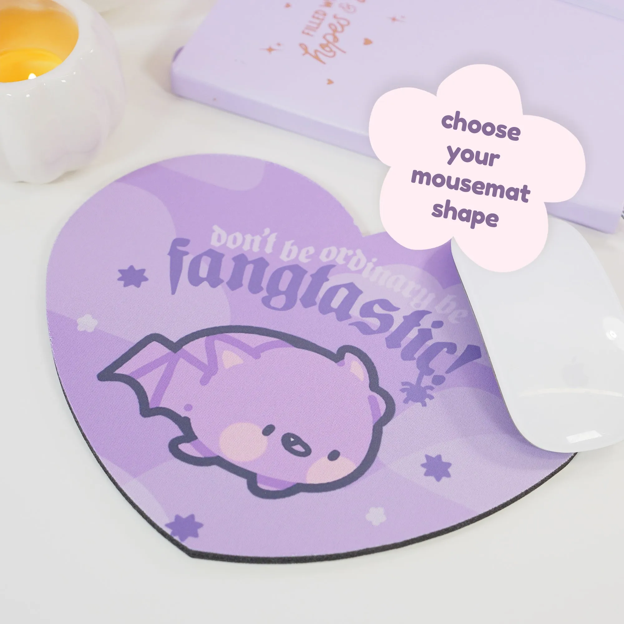 Bartholomew the Bat Halloween Mouse Pad | Don’t Be Ordinary, Be Fangtastic Quote | Spooky Cute Gothic Purple Desk Decor