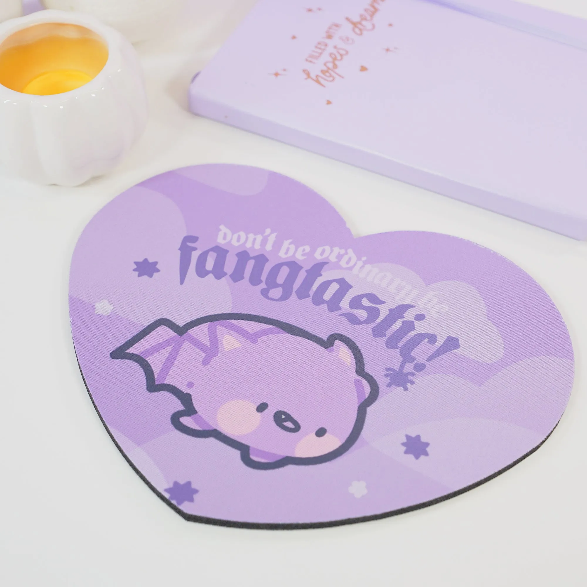 Bartholomew the Bat Halloween Mouse Pad | Don’t Be Ordinary, Be Fangtastic Quote | Spooky Cute Gothic Purple Desk Decor