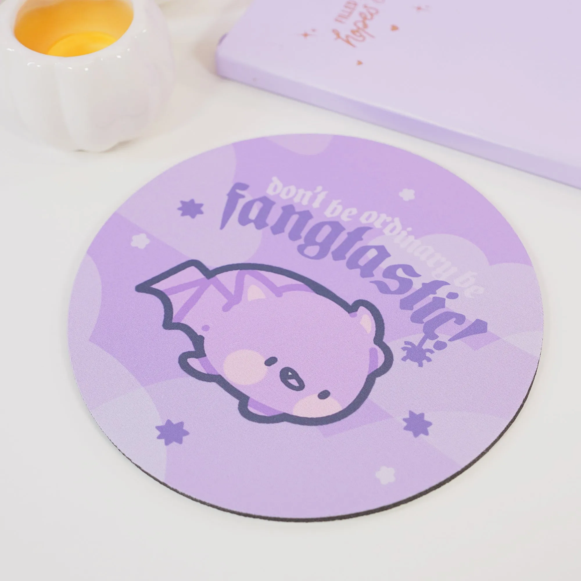 Bartholomew the Bat Halloween Mouse Pad | Don’t Be Ordinary, Be Fangtastic Quote | Spooky Cute Gothic Purple Desk Decor