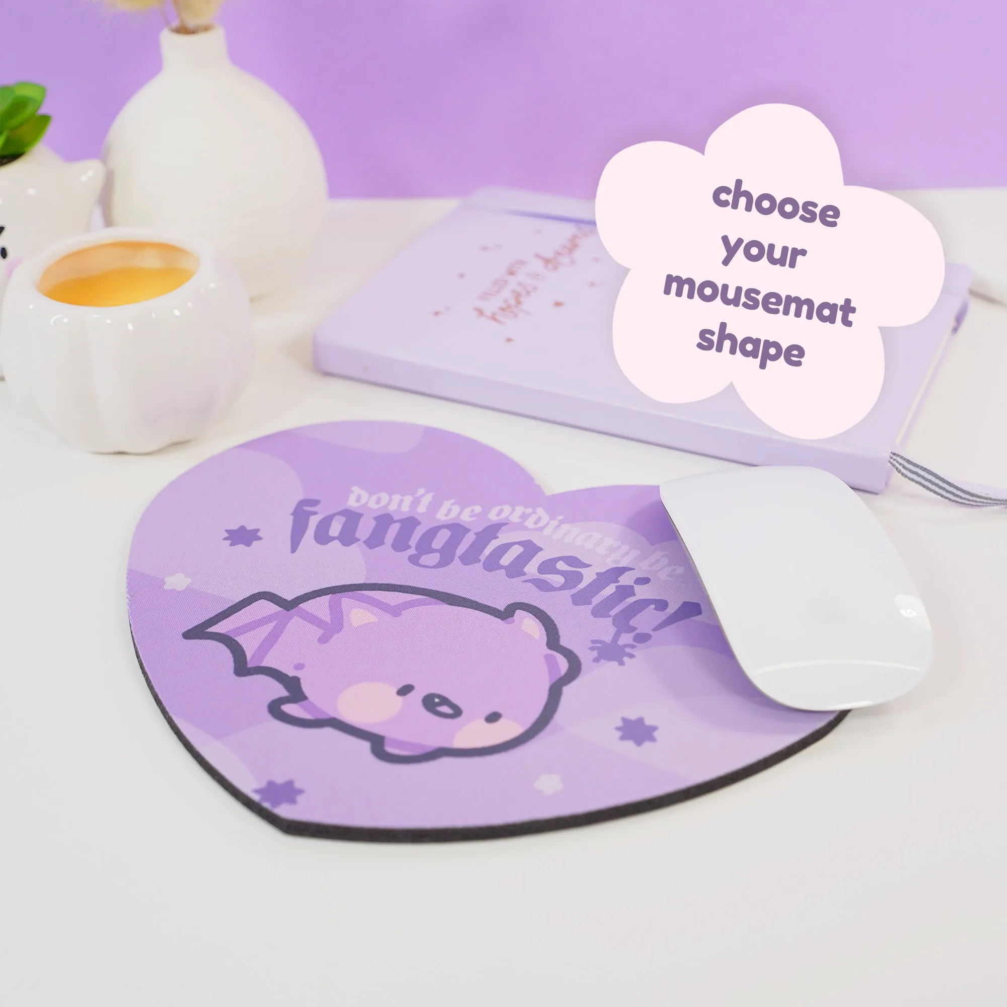 Bartholomew the Bat Halloween Mouse Pad | Don’t Be Ordinary, Be Fangtastic Quote | Spooky Cute Gothic Purple Desk Decor
