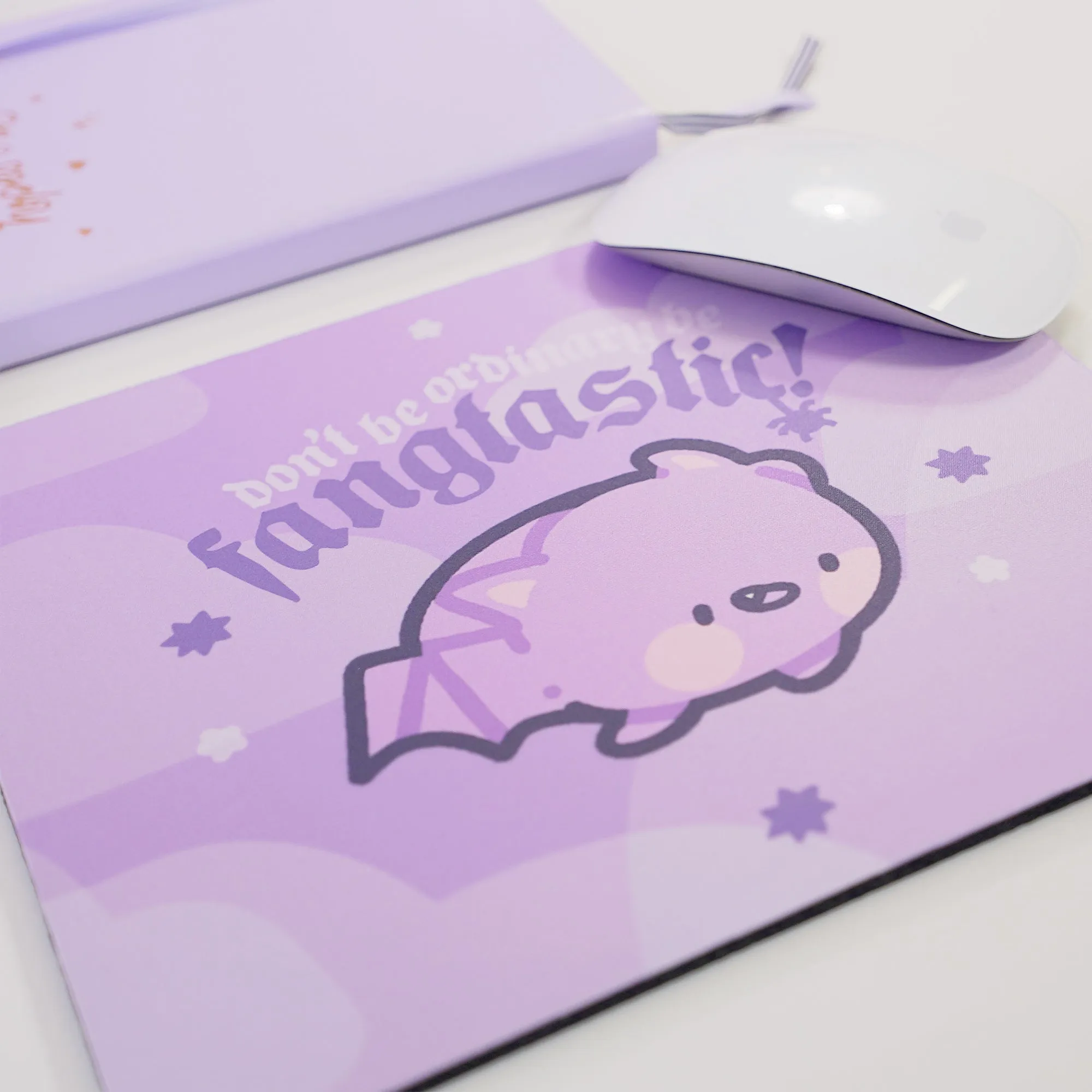 Bartholomew the Bat Halloween Mouse Pad | Don’t Be Ordinary, Be Fangtastic Quote | Spooky Cute Gothic Purple Desk Decor