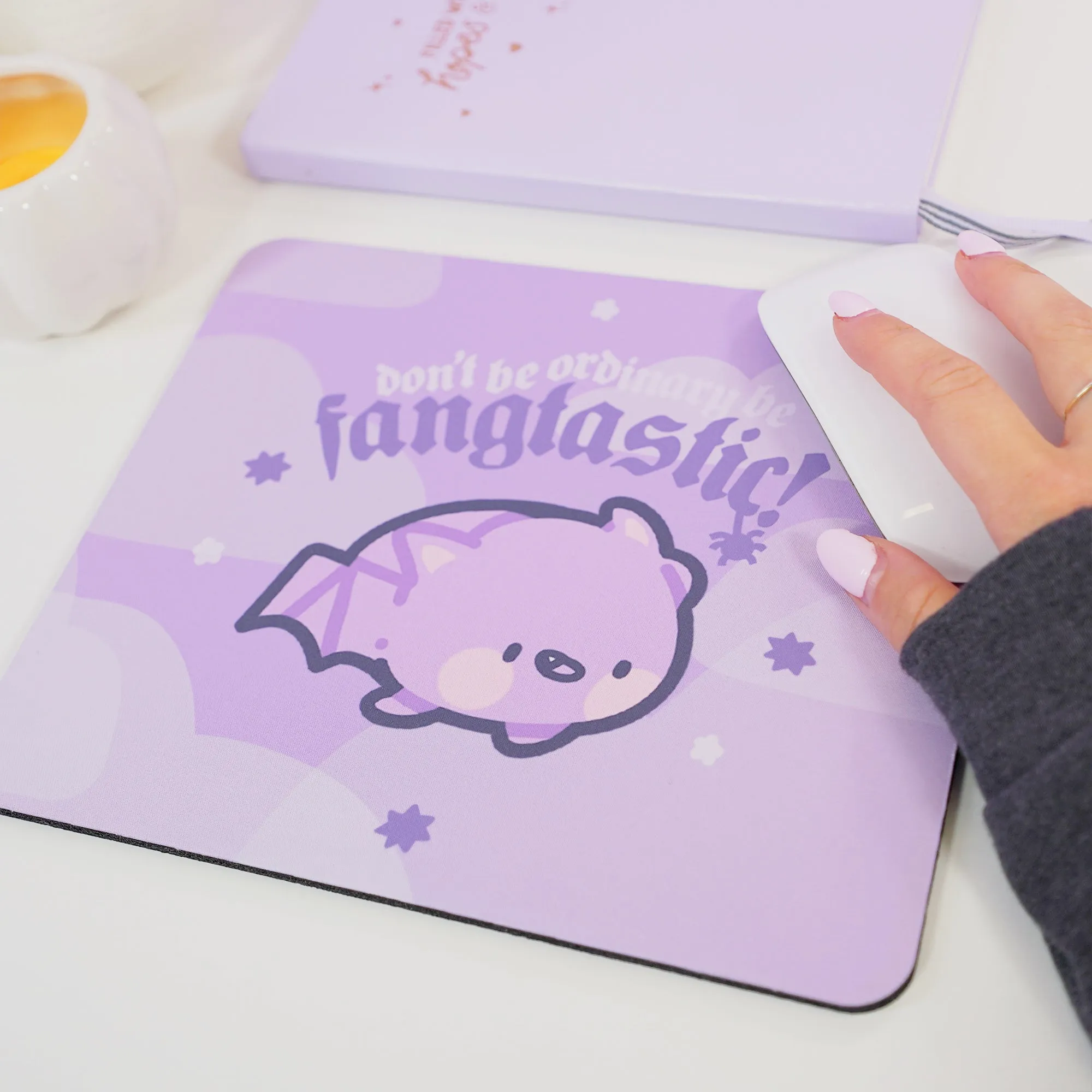 Bartholomew the Bat Halloween Mouse Pad | Don’t Be Ordinary, Be Fangtastic Quote | Spooky Cute Gothic Purple Desk Decor