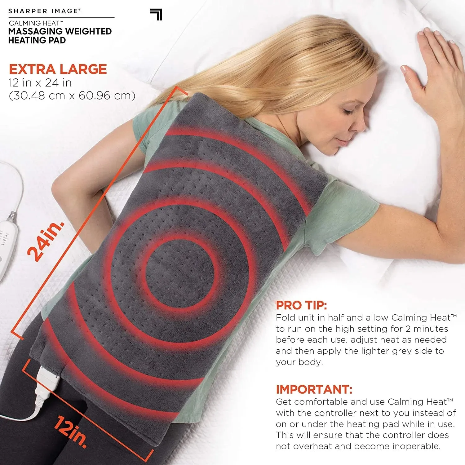 Calming Heat Massaging Weighted Electric Heating Pad - Sharper Image 12 Settings