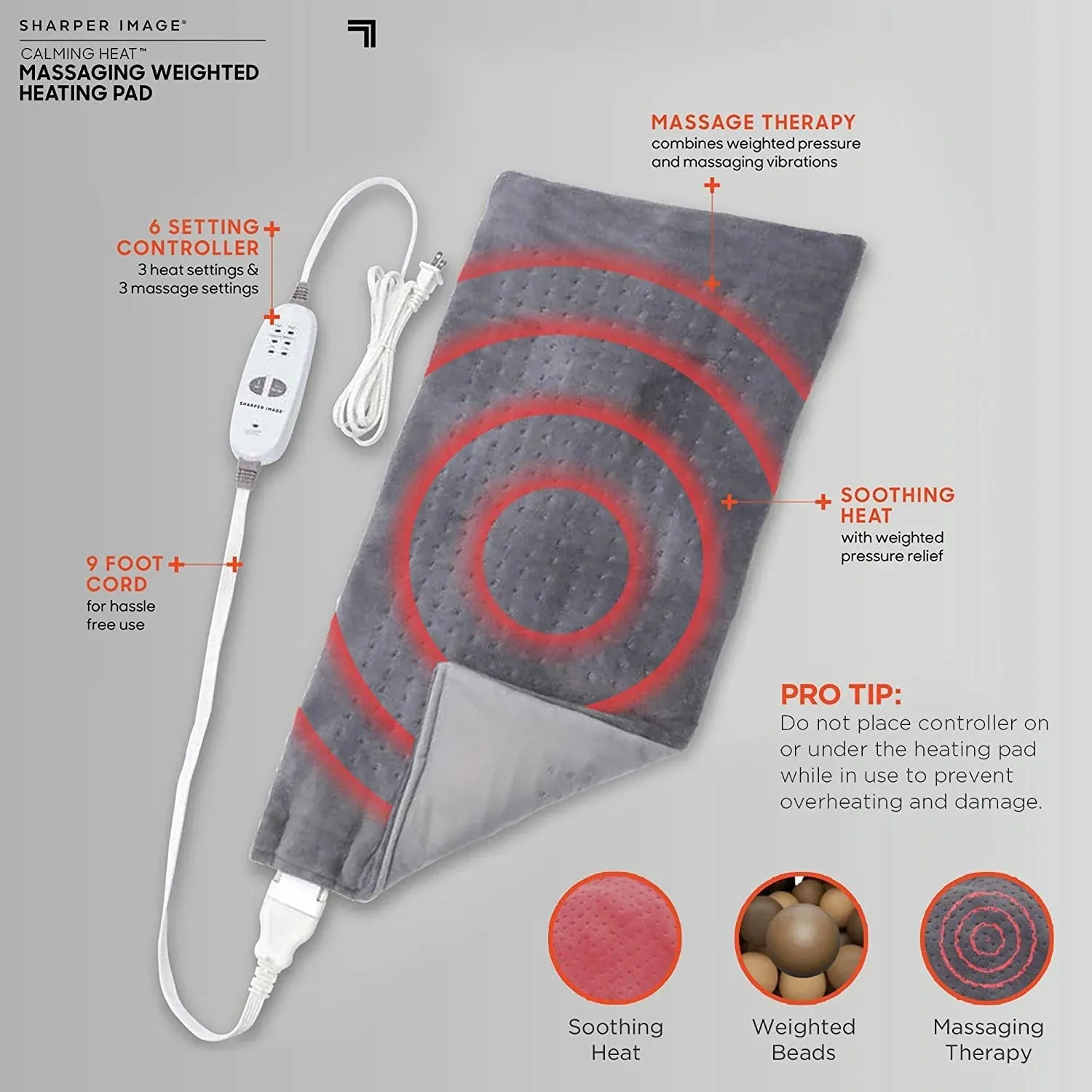 Calming Heat Massaging Weighted Electric Heating Pad - Sharper Image 12 Settings