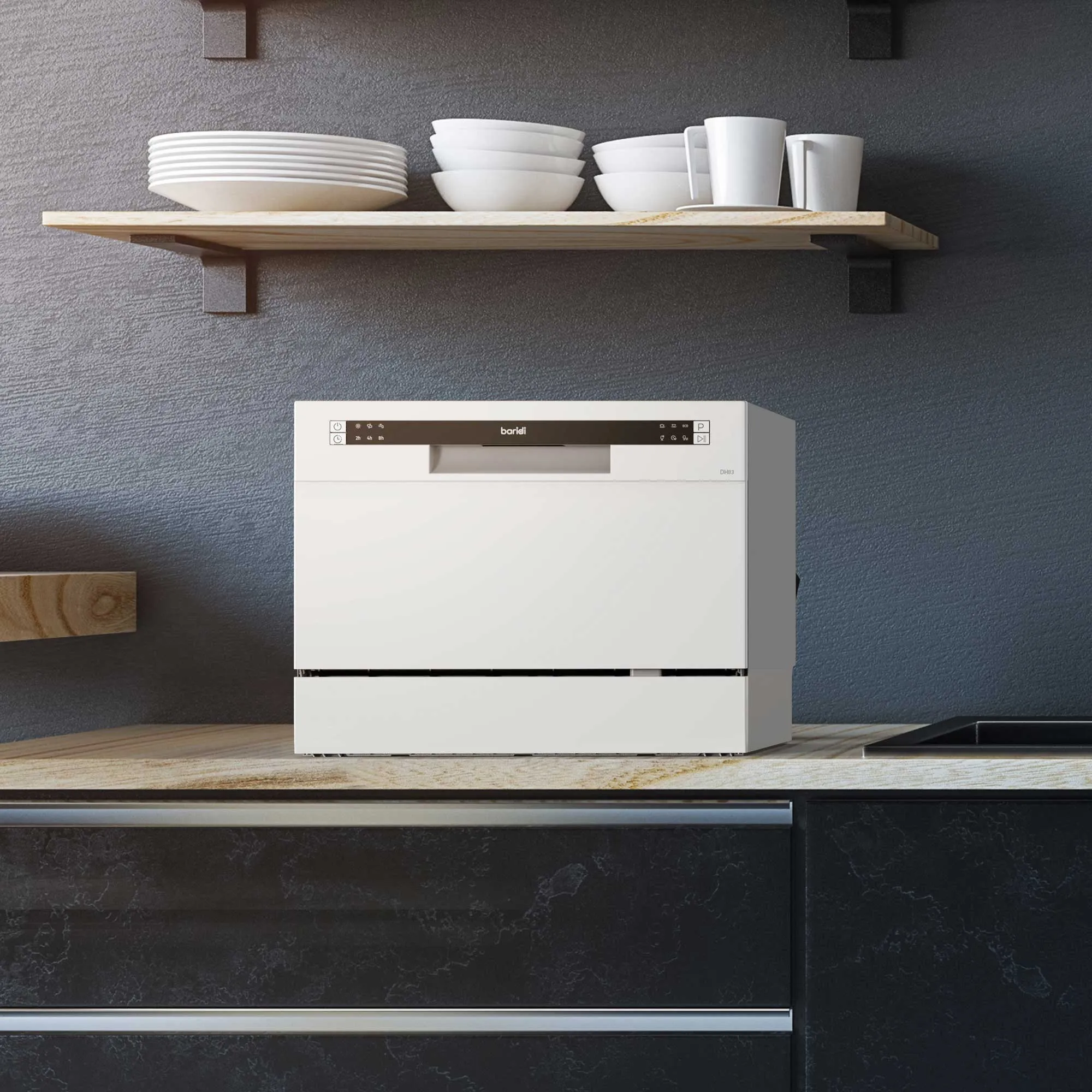 Compact Tabletop Dishwasher 6 Place Settings, 6 Programmes, Low Noise, 6.5L Cycle - White - DH83