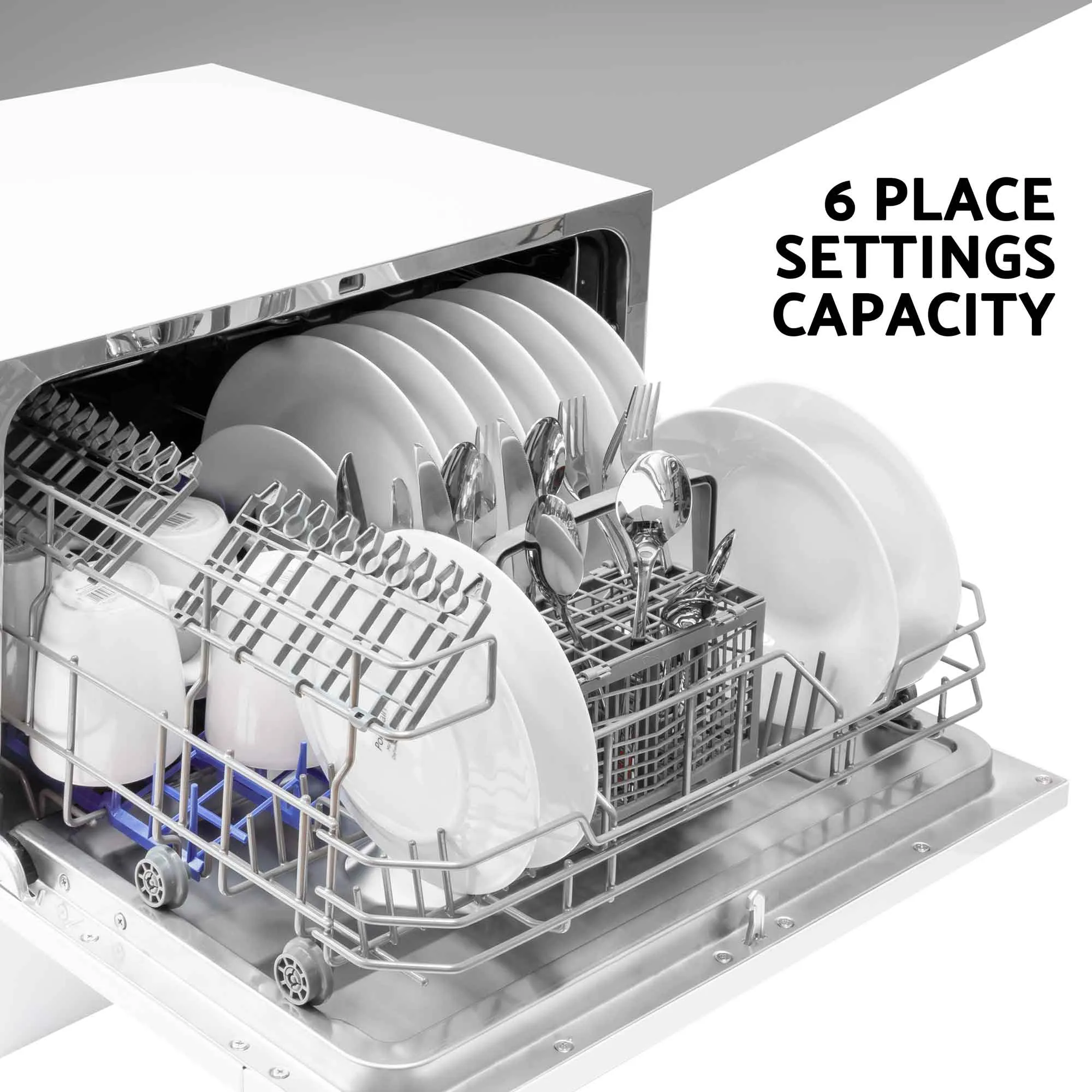 Compact Tabletop Dishwasher 6 Place Settings, 6 Programmes, Low Noise, 6.5L Cycle - White - DH83