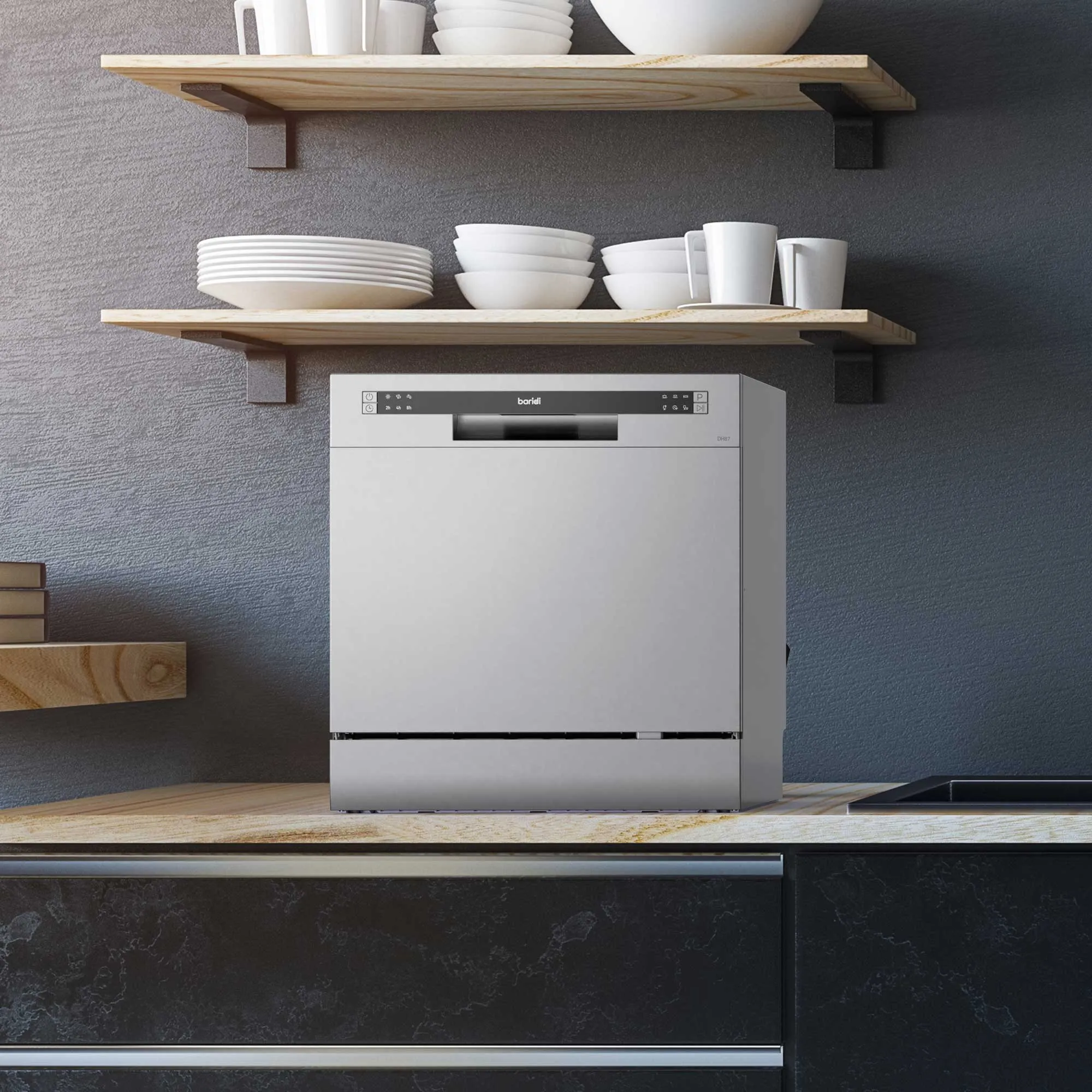 Compact Tabletop Dishwasher 8 Place Settings, 6 Programmes, Low Noise, 8L Cycle - Silver - DH87