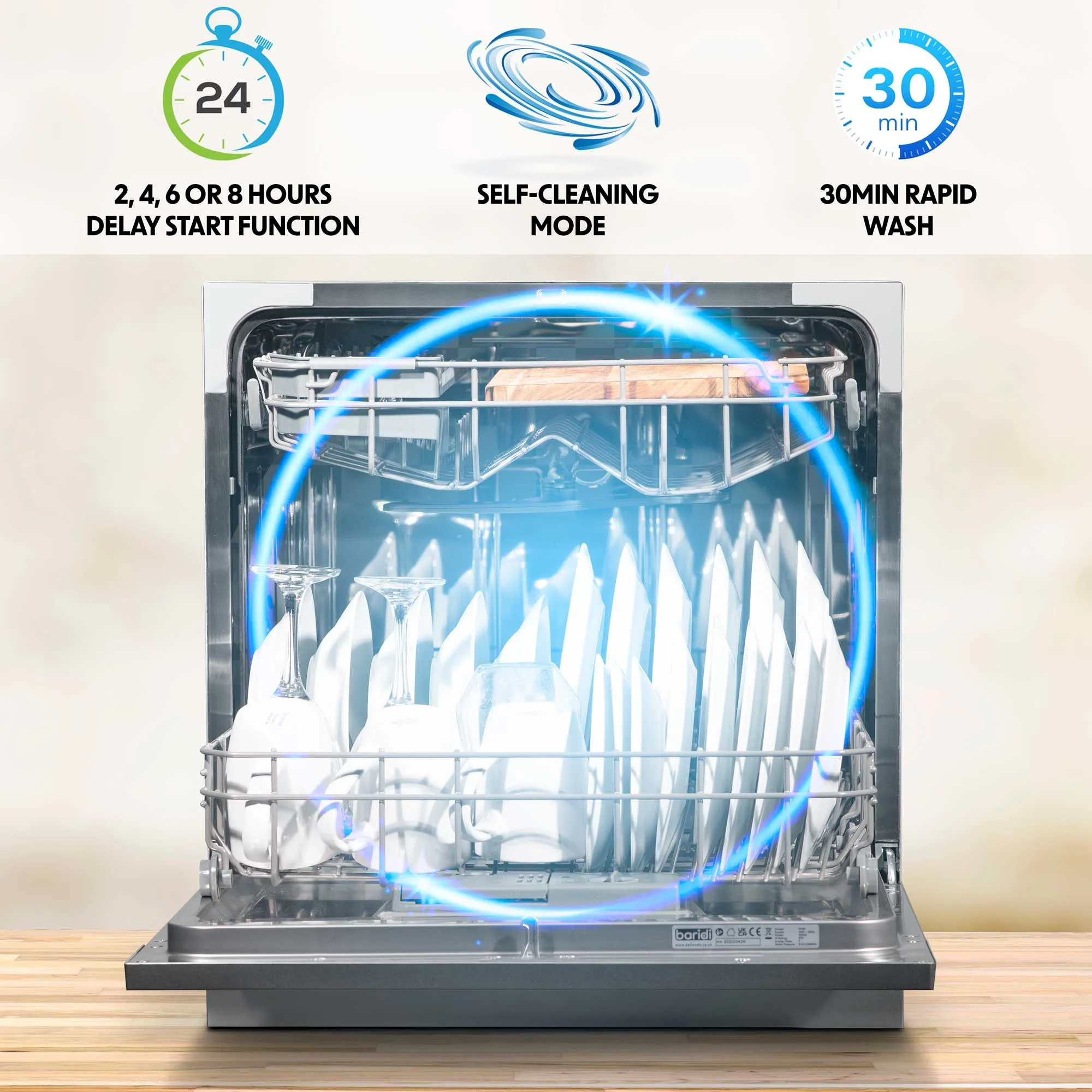 Compact Tabletop Dishwasher 8 Place Settings, 6 Programmes, Low Noise, 8L Cycle - Silver - DH87