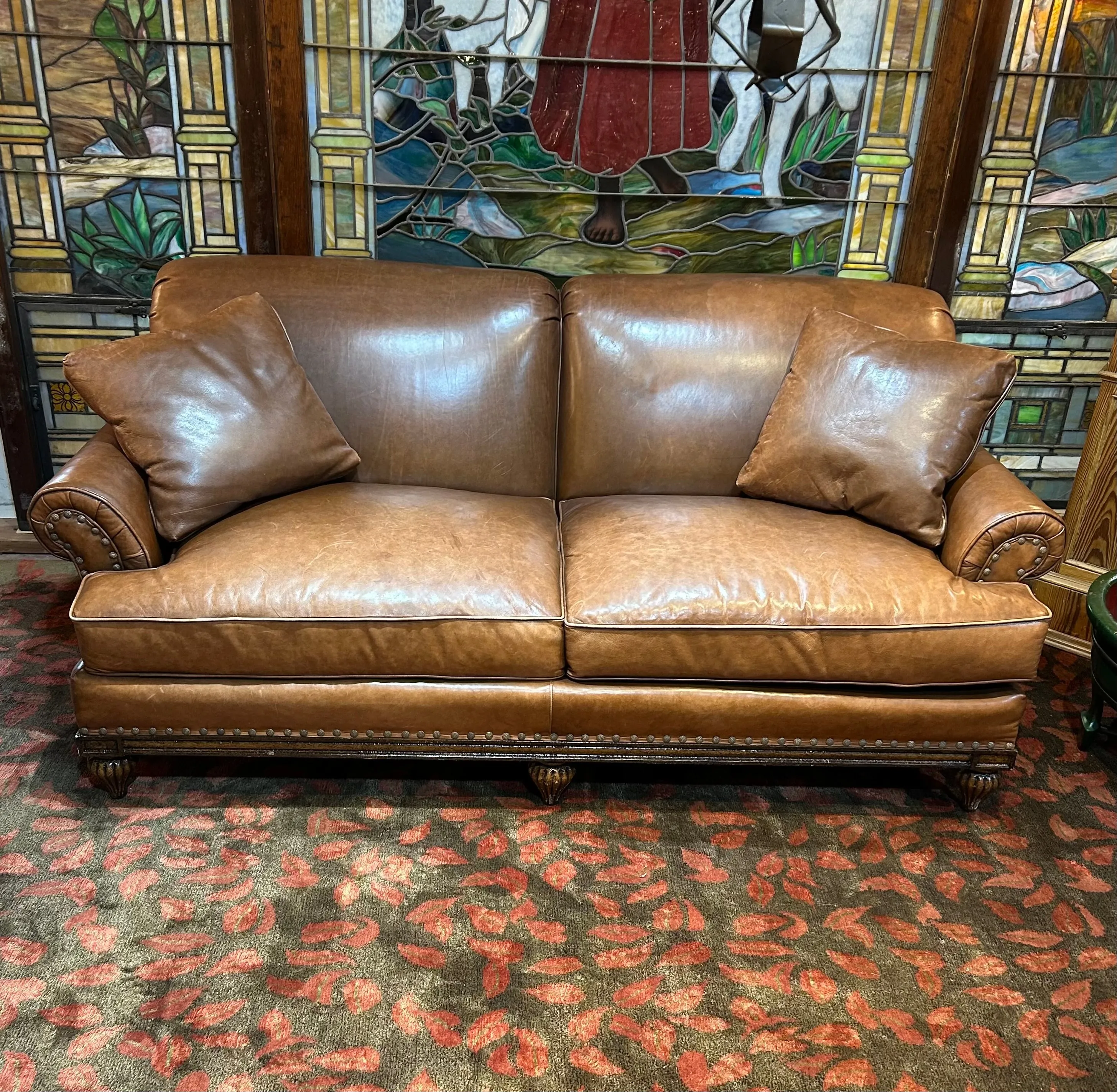 Councill Leather Sofa Couch, Two Cushion. Brown
