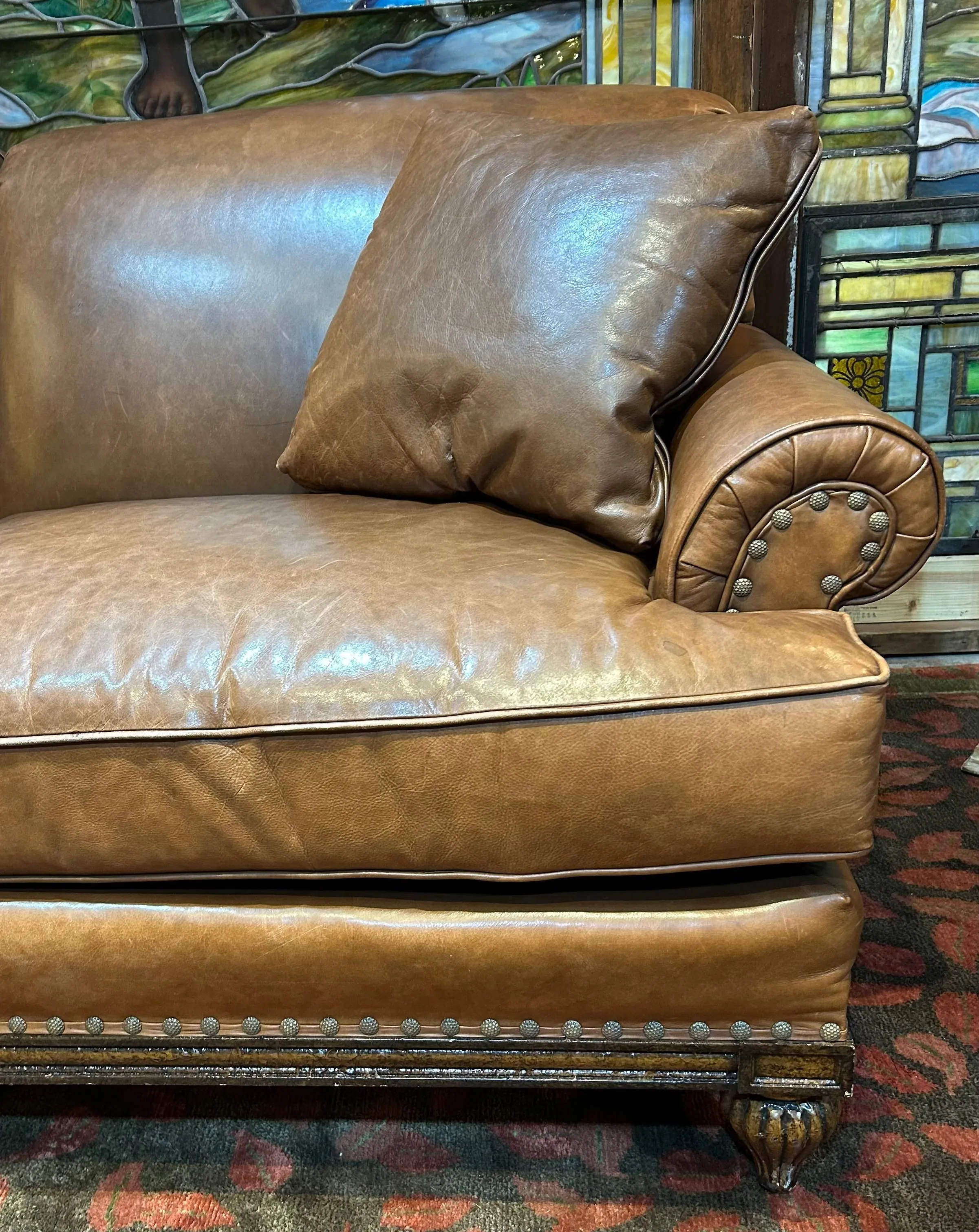 Councill Leather Sofa Couch, Two Cushion. Brown