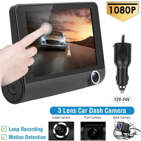 cozy Car Recorder, FHD 1080P 4in Touch Screen Car DVR Dash Camera 3 Lens Vehicle Driving Recorder Seamless Loop Recording with 32.8ft Rear Camera Wire, Black