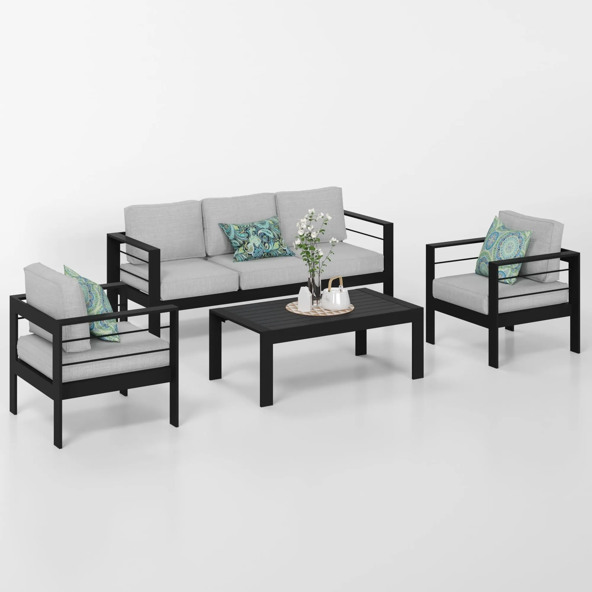 CozyHom 5 Pcs Outdoor Patio Aluminum Furniture Sofa Sets, Outside Patio Conversation Couch Sets With Table&Cushions for Garden Porch, Gray