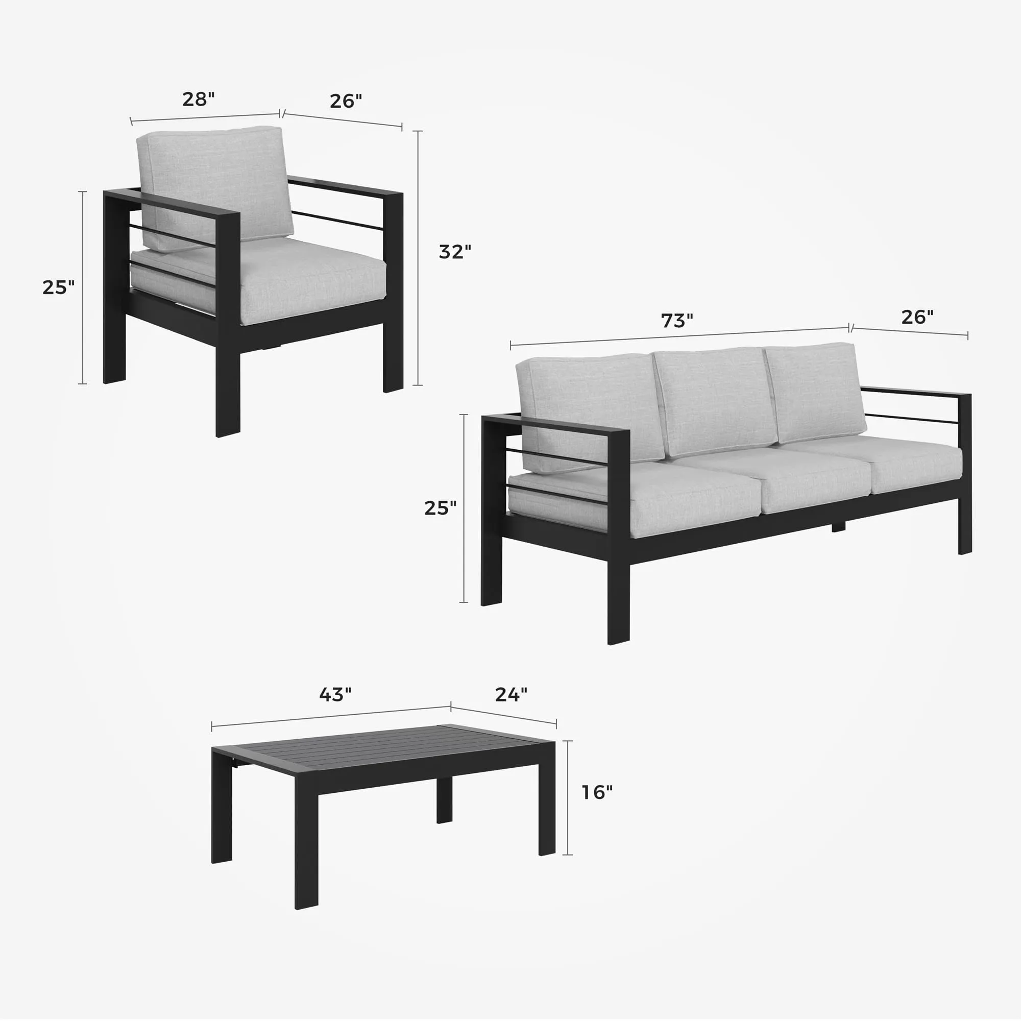 CozyHom 5 Pcs Outdoor Patio Aluminum Furniture Sofa Sets, Outside Patio Conversation Couch Sets With Table&Cushions for Garden Porch, Gray