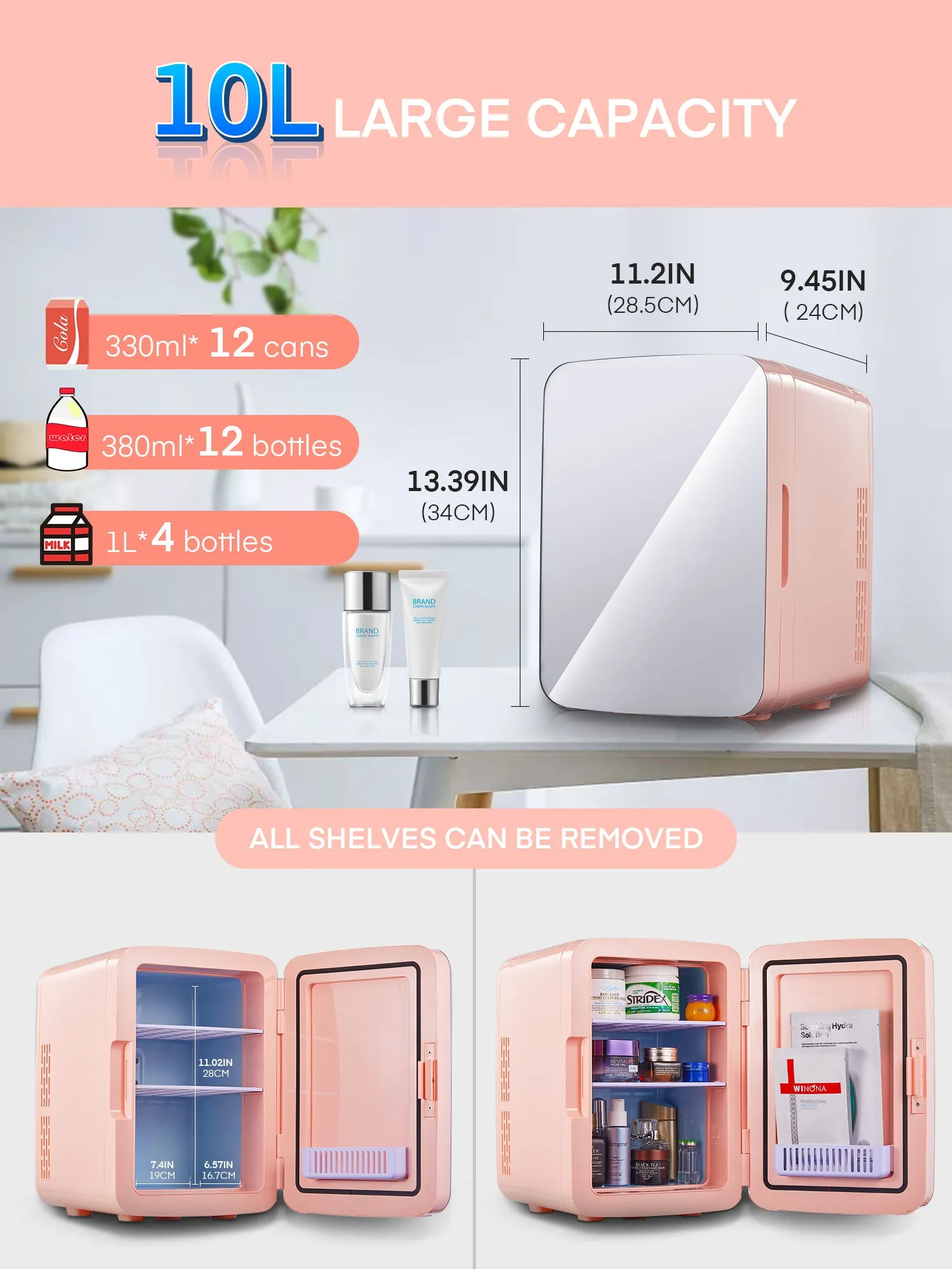 Decen Mini Fridge 10 Liter Portable Mirrored Beauty Cooler Warmer for Bedroom, Dorm, AC/DC