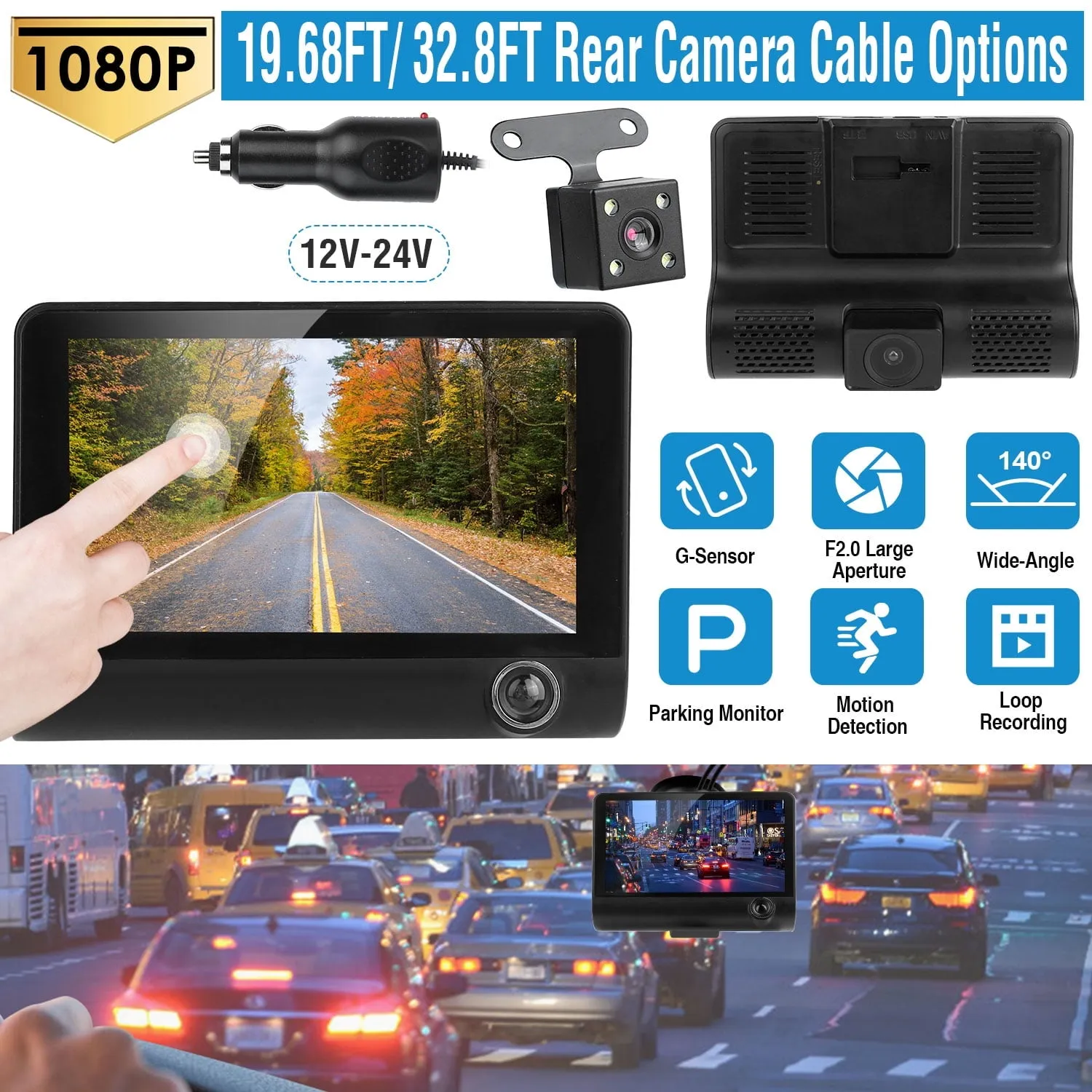 essential Car Recorder, FHD 1080P 4in Touch Screen Car DVR Dash Camera 3 Lens Vehicle Driving Recorder Seamless Loop Recording with 32.8ft Rear Camera Wire, Black