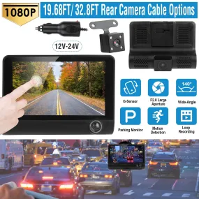 essential Car Recorder, FHD 1080P 4in Touch Screen Car DVR Dash Camera 3 Lens Vehicle Driving Recorder Seamless Loop Recording with 32.8ft Rear Camera Wire, Black