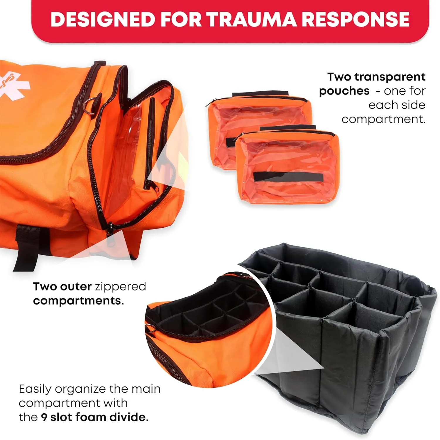 Ever Ready First Aid Filled Large Medic First Responder EMT Trauma Bag, Stocked First Aid Trauma Kit (Orange)