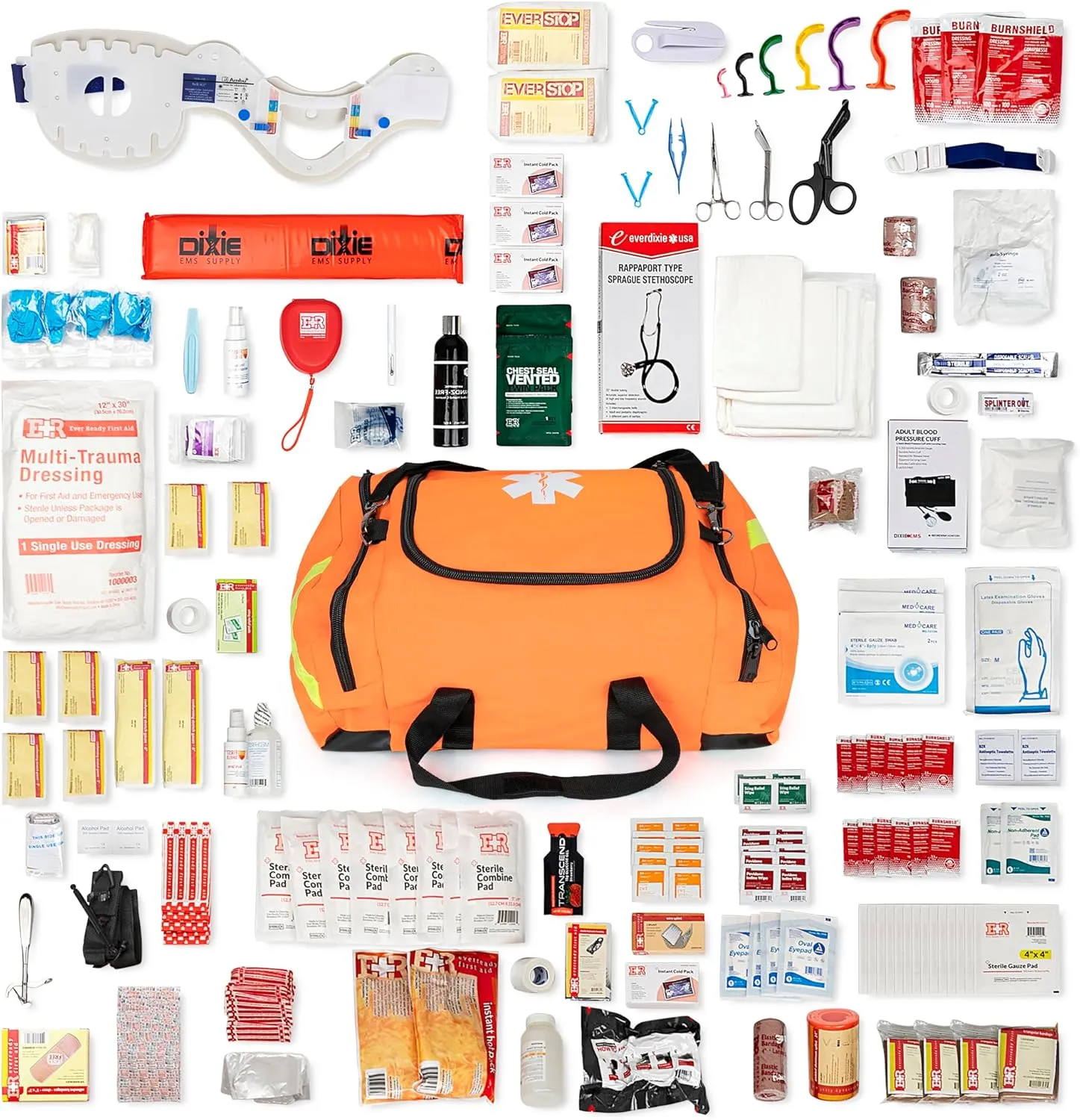 Ever Ready First Aid Filled Large Medic First Responder EMT Trauma Bag, Stocked First Aid Trauma Kit (Orange)