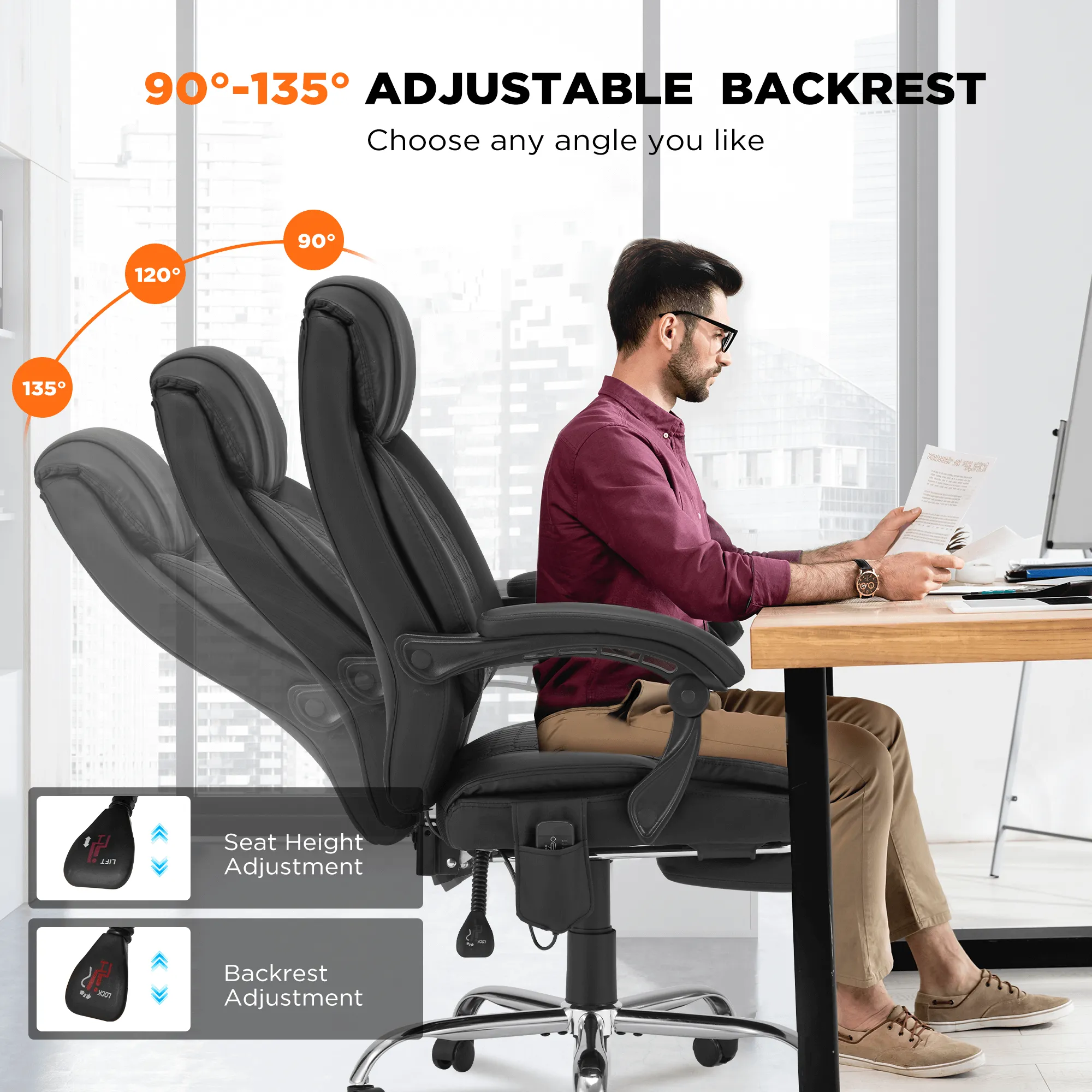 Executive Reclining Heated Massage Office Chair with Footrest Black