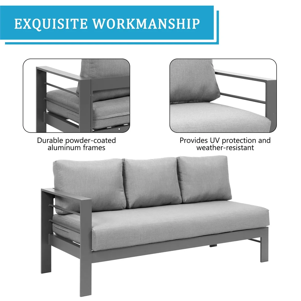 Heynemo 4 Pieces Outdoor Aluminum Furniture Set, Patio Sectional Sofa Couch - Conversation Set with Coffee Table and Sofa, Gray