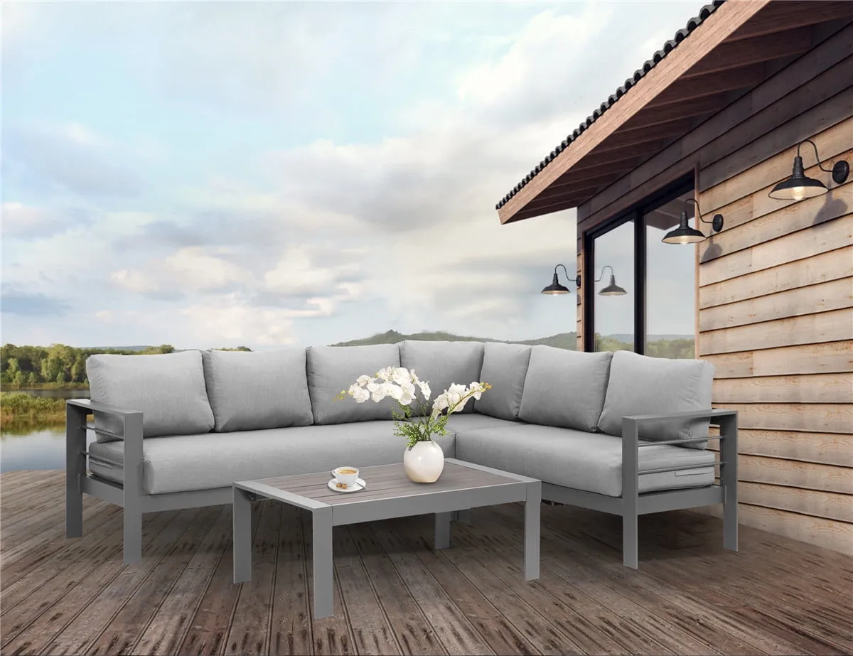 Heynemo 4 Pieces Outdoor Aluminum Furniture Set, Patio Sectional Sofa Couch - Conversation Set with Coffee Table and Sofa, Gray