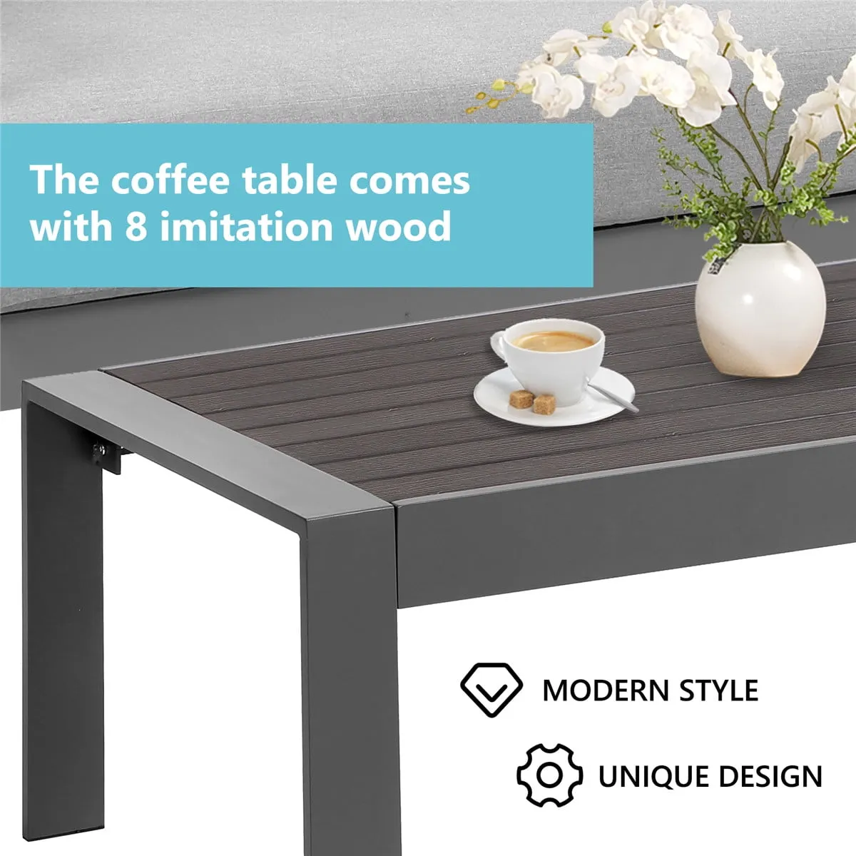 Heynemo 4 Pieces Outdoor Aluminum Furniture Set, Patio Sectional Sofa Couch - Conversation Set with Coffee Table and Sofa, Gray