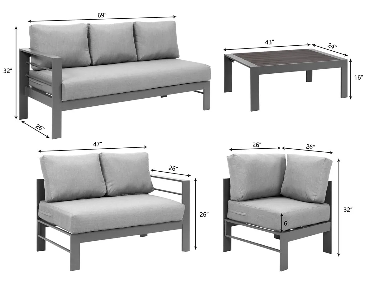 Heynemo 4 Pieces Outdoor Aluminum Furniture Set, Patio Sectional Sofa Couch - Conversation Set with Coffee Table and Sofa, Gray