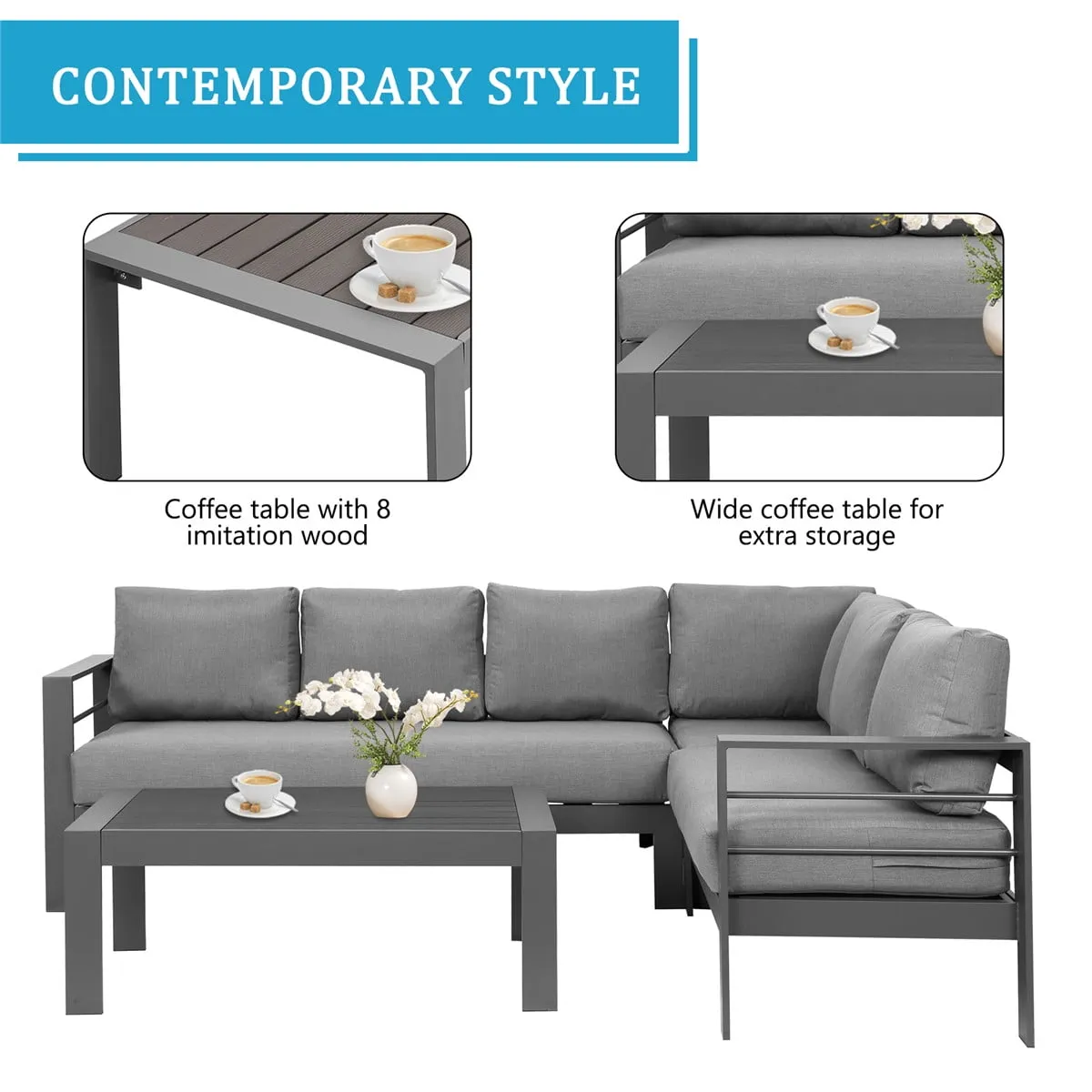Heynemo 4 Pieces Outdoor Aluminum Furniture Set, Patio Sectional Sofa Couch - Conversation Set with Coffee Table and Sofa, Gray
