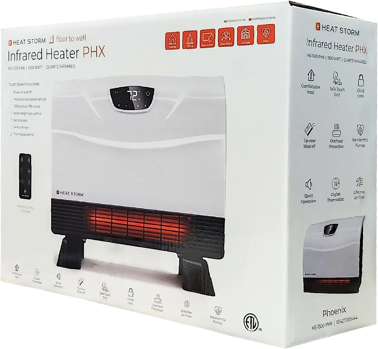 ITEM# 0155   Heat Storm Phoenix Infrared Space Heater with Attachable Feet, Remote Control, Energy Efficient-750-1500 Watts, Floor or Wall - HS-1500-PHX (Watch Video)