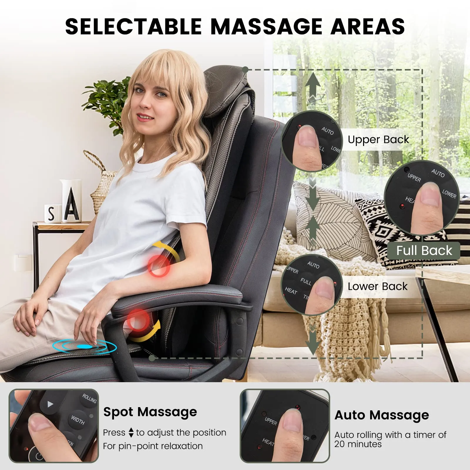 KOMFOTT Back Massager Chair Pad - Massage Seat Cushion with Heat & Vibration, Removable Neck Pillow & Back Flap