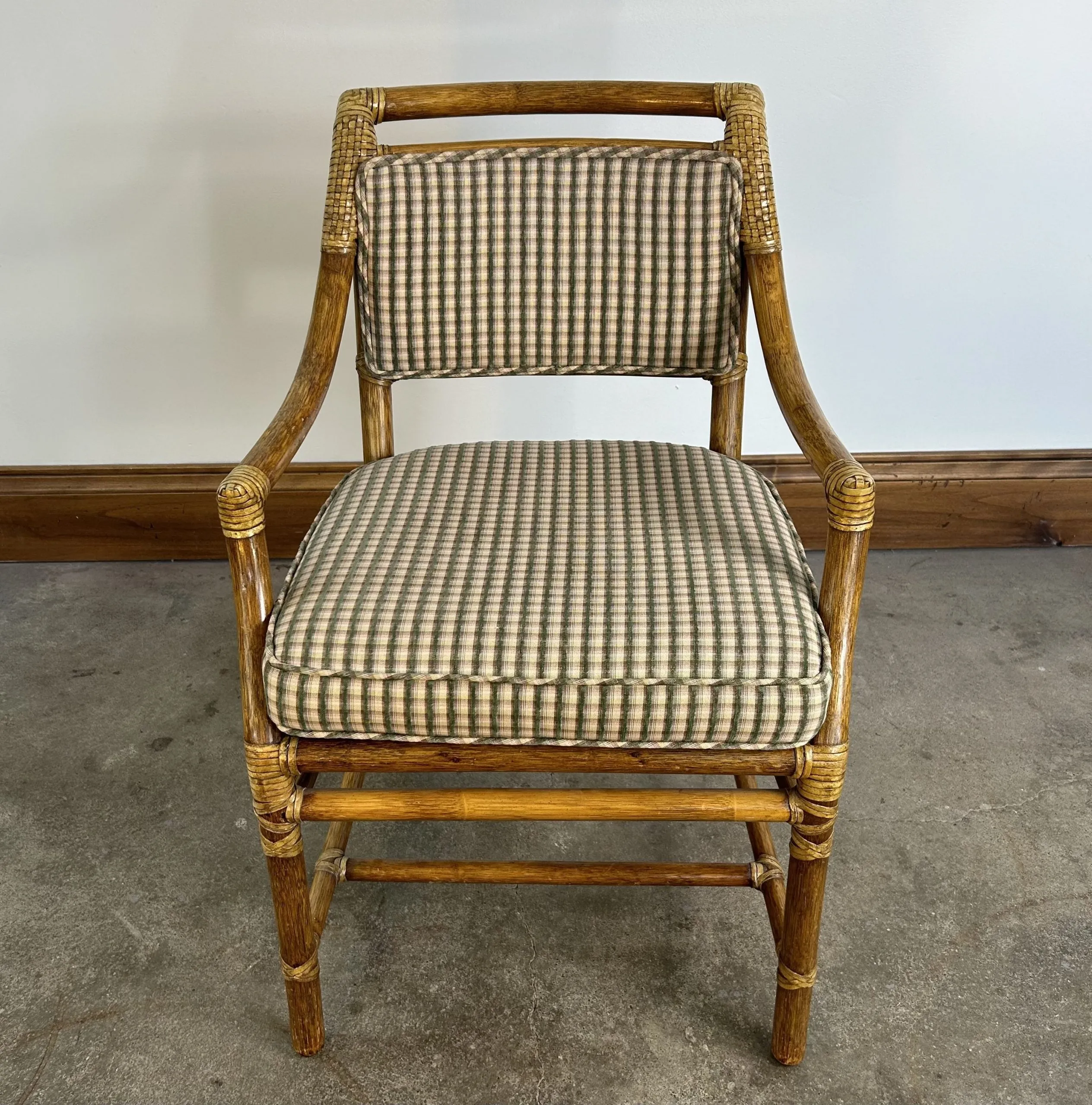McGuire Wicker and Leather Wrapped Arm Chair, Plaid Upholstery